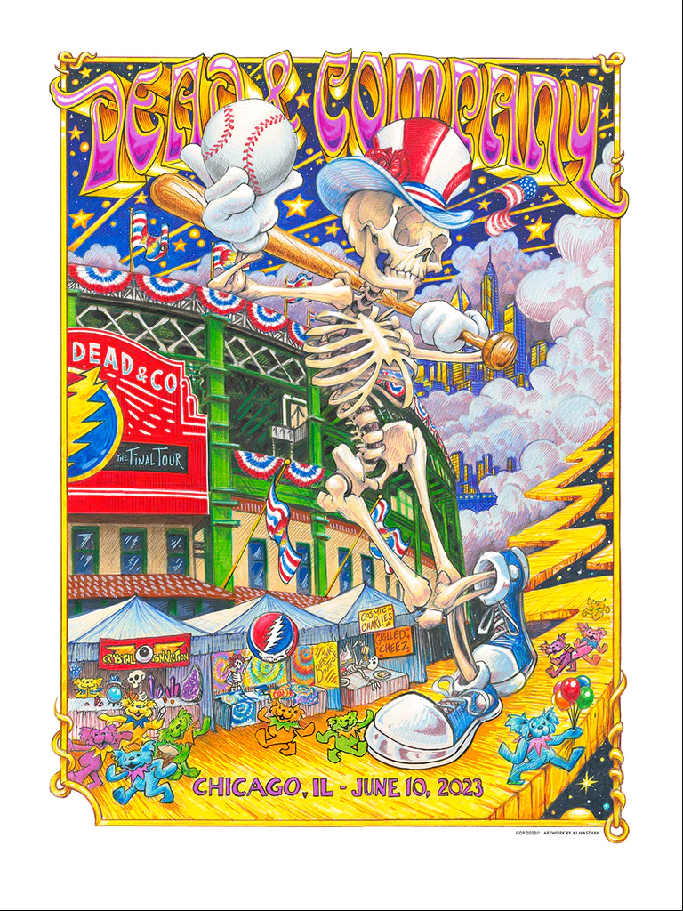 Artist:  AJ Masthay  Venue:  Wrigley Field   Medium:  Fine art giclee on Entrada 290gsm cotton rag paper   Details:  2 prints, each print measures 18" x 24" inches Signed, embossed and hand-numbered AE of 350  Details:  AJ's newest gig poster diptych for Dead and Co.’s final tour is an absolute blast. Combining baseball, the Grateful Dead, and tons of fun Easter eggs and call-backs to AJ’s oft-used characters, this set of prints is a grand slam.