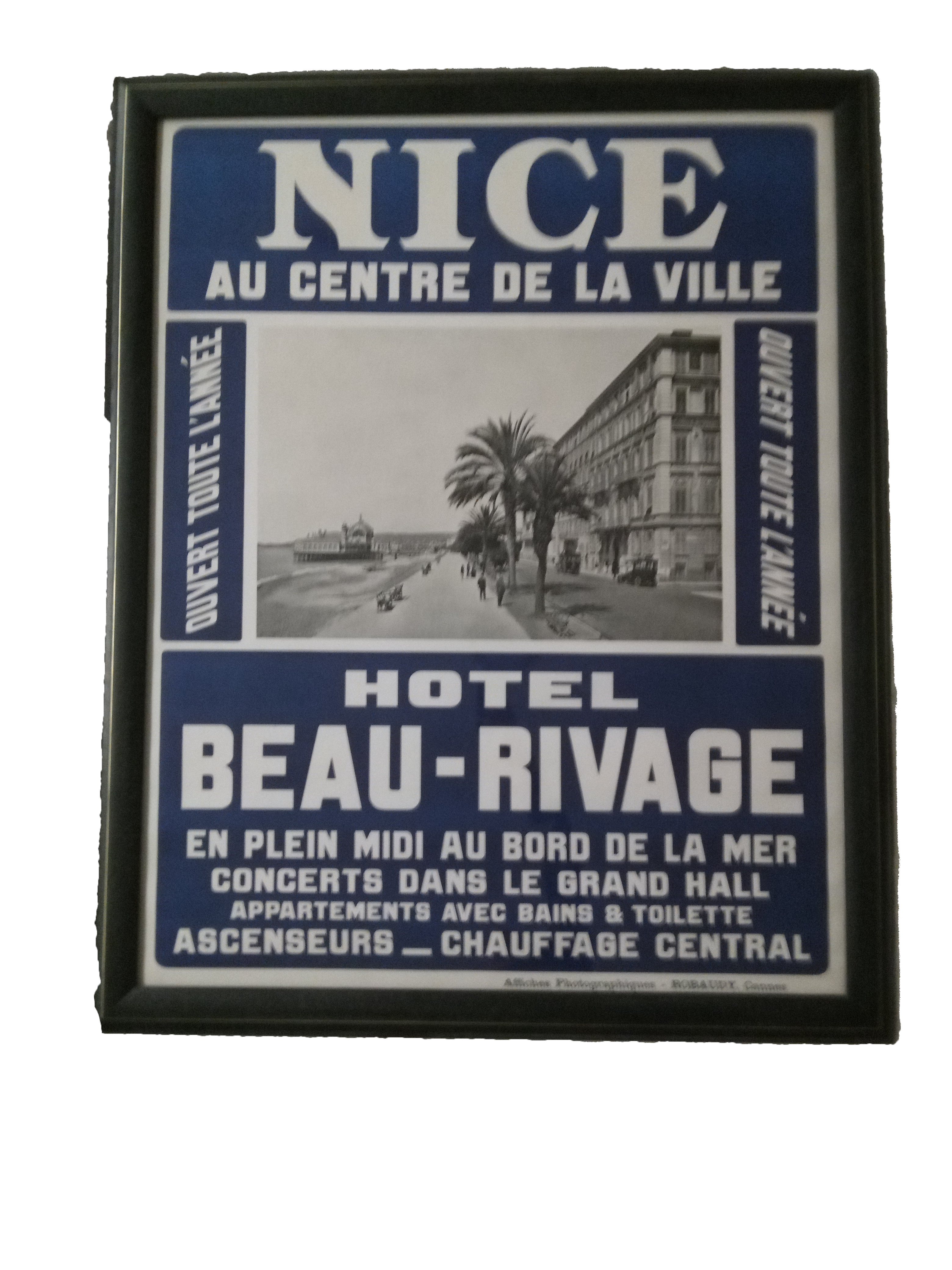 Vintage Hotel Poster Art Advertisement Nice, France, Hotel Beau-Rivage Framed