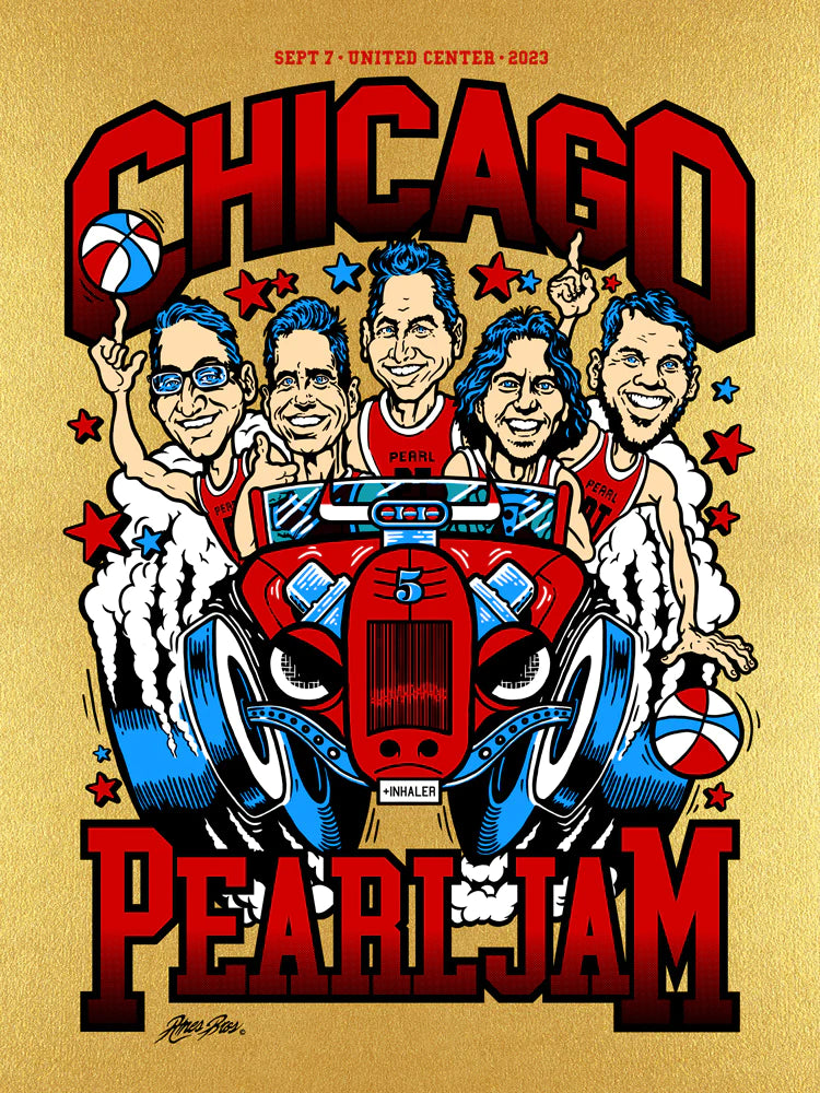 An edition of 110 posters, signed by the artists, to commemorate Pearl Jam's September 7, 2023 concert at the United Center in Chicago, IL.
