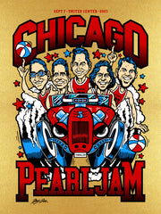 Title:  Pearl Jam Chicago-Night 1 SuperGold Variant  Artist:  Ames Bros  Edition:  110  Type:  5 color on SuperGold metallic paper  Size: 18" x 24"  Location:  Chicago, IL  Venue:  United Center  Notes:  An edition of 110 posters, signed by the artists, to commemorate Pearl Jam's September 7, 2023 concert at the United Center in Chicago, IL.  PRESALE.  Will ship when received from artist.