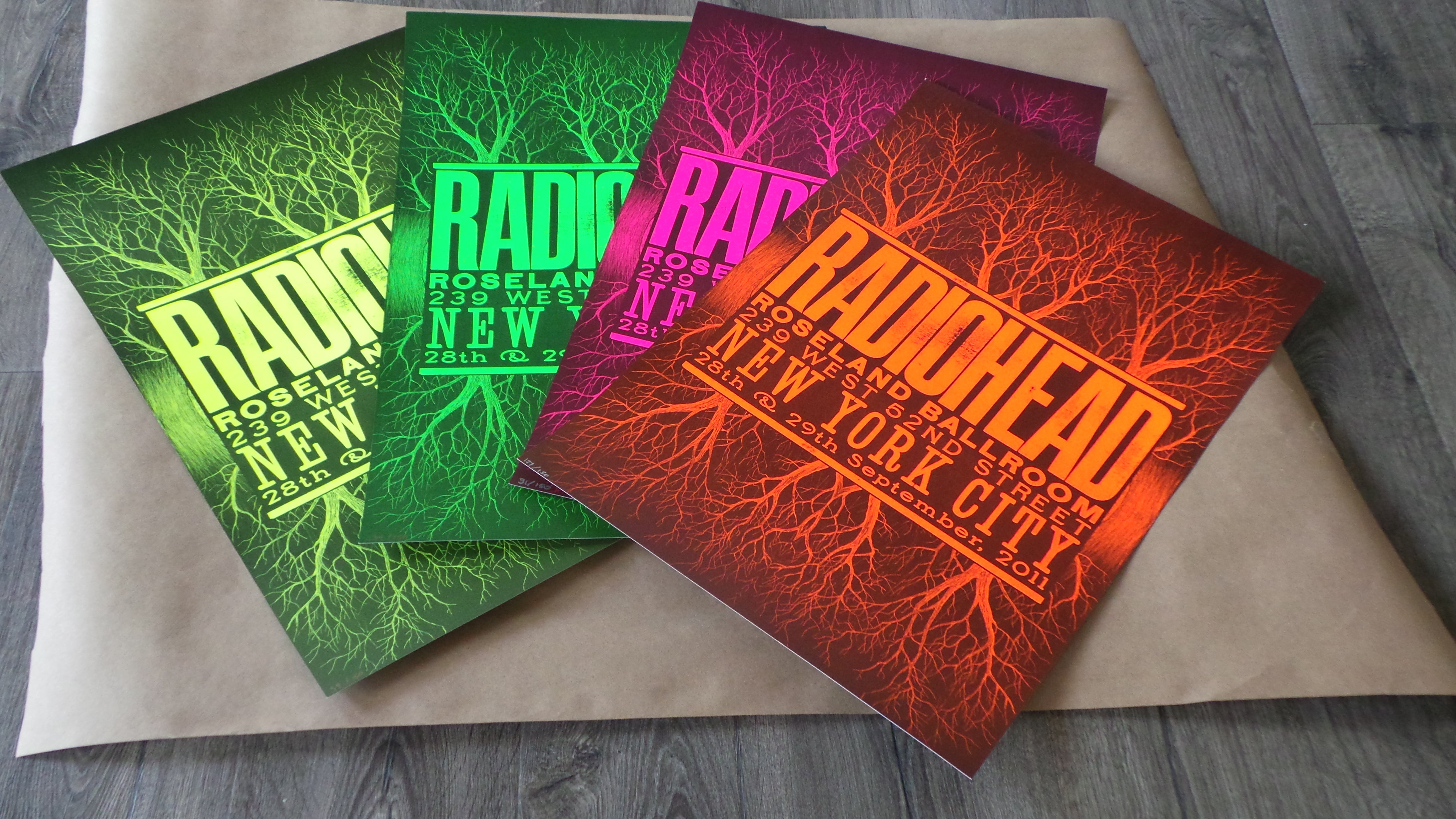 Title: Radiohead (Set of 4, Roseland Ballroom NYC 2011)  Artist: Stanley Donwood  Edition: Set of 4, 2011 Released in limited edition of 150 signed and hand numbered by the artist.  Type: Screen print poster  Size: 16.5" x 23.5"  Location: New York City, NY  Venue: Roseland Ballroom  Notes: Created for the band's shows on 9/28-9/29/11 at the Roseland Ballroom in New York City.