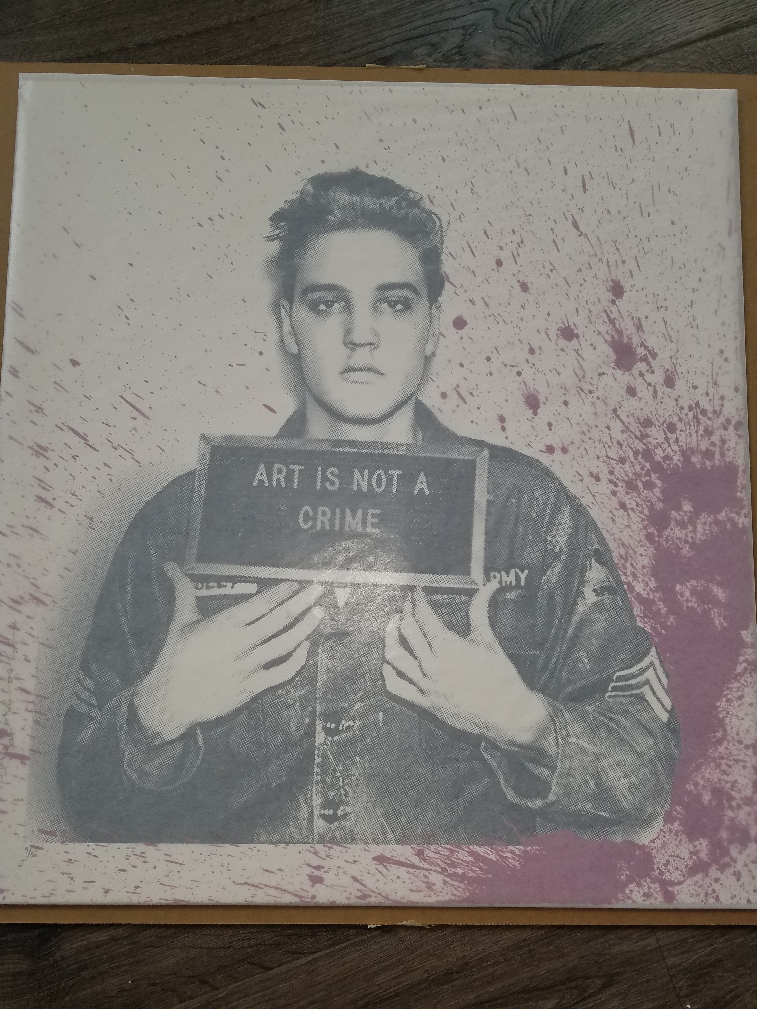 Title:  Jailhouse Pop (Small, SET OF 5- Black/Blue/Pink/Diamond Dust/Silver)  Artist:  Mr. Brainwash  Edition:  Limited Edition Screen print, each screen print is signed and numbered, with a thumb print on the back.  Black Splash:  Edition of 50 Pink Splash:  Edition of 50 Blue Splash:  Edition of 50 Silver Splash:  Edition of 15 Diamond Dust:  Edition of 50  Type:  One color screen prints hand finished with acrylic paint and one color screen print with diamond dust on archival paper  Size:  24" x 22"