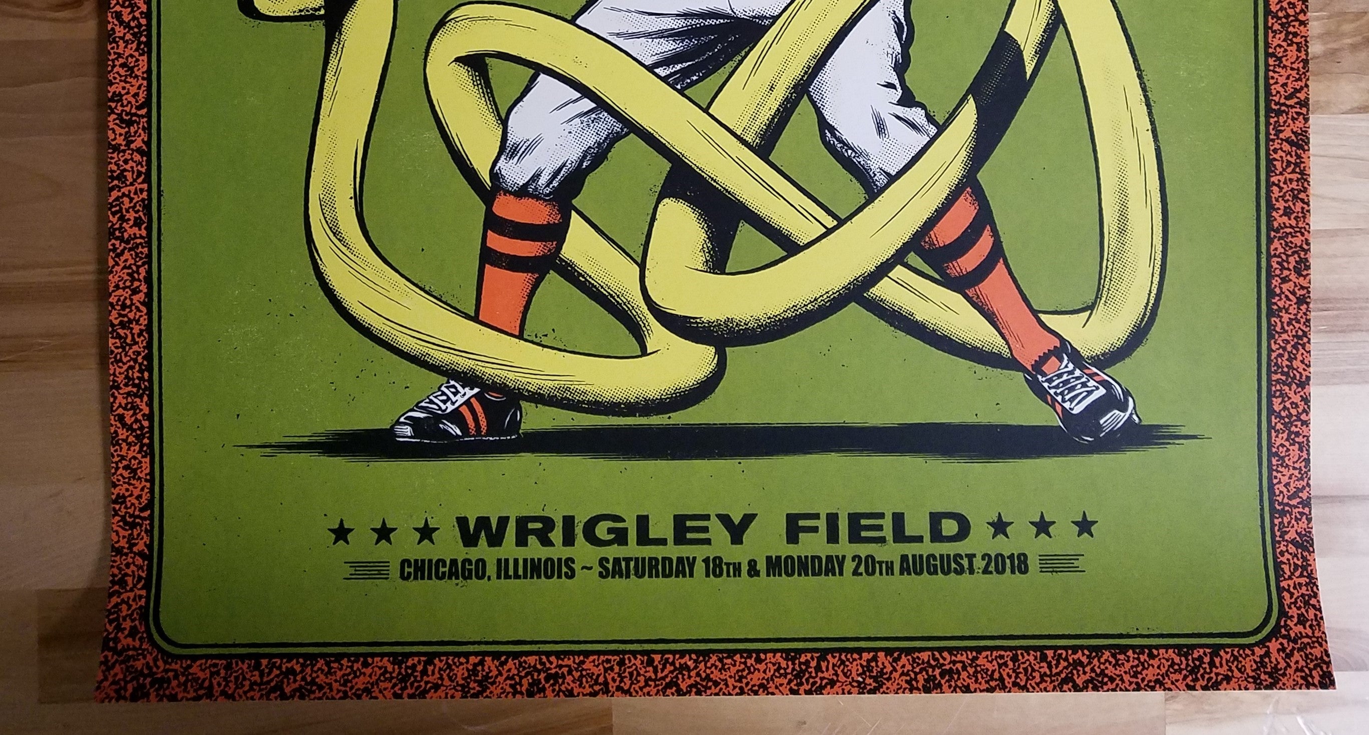Title:  Pearl Jam Ames Bros Wrigley Field (August 18th and 20th, 2018)  Artist:  Andrew Fairclough  Edition:  Official Merch Tent Poster, unsigned and unnumbered  Type:  Screen print poster  Size:  18" x 24"   Location: Chicago, IL  Venue: Wrigley Field  Notes:   Released on August 16, 2018 at the Wrigley Field Merch Tent across the street from the field.  Check out our other listings for more hard to find and out of print posters.