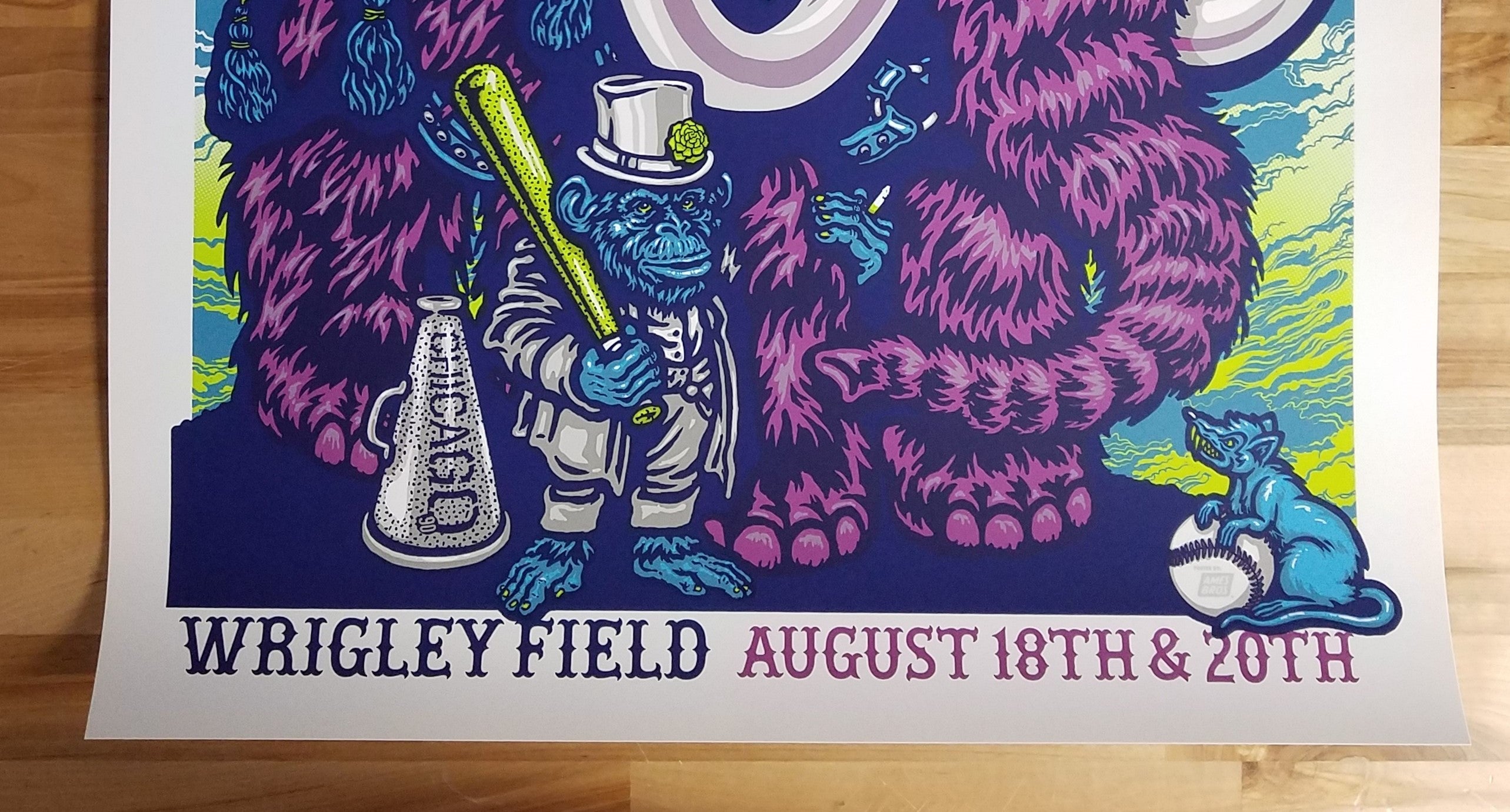 Title:  Pearl Jam Ames Bros Wrigley Field 2018  Poster artist:  Ames Bros. Edition:   Type: Size:  18" x 24" Location:  Chicago, Illinois Venue:  Wrigley Field Notes:  For the two Wrigley Field shows taking place on August 18th & August 20th, 2018.  Unsigned and Unnumbered - released on August 16, 2018 at the Wrigley Field Merch Tent across the street from the field.