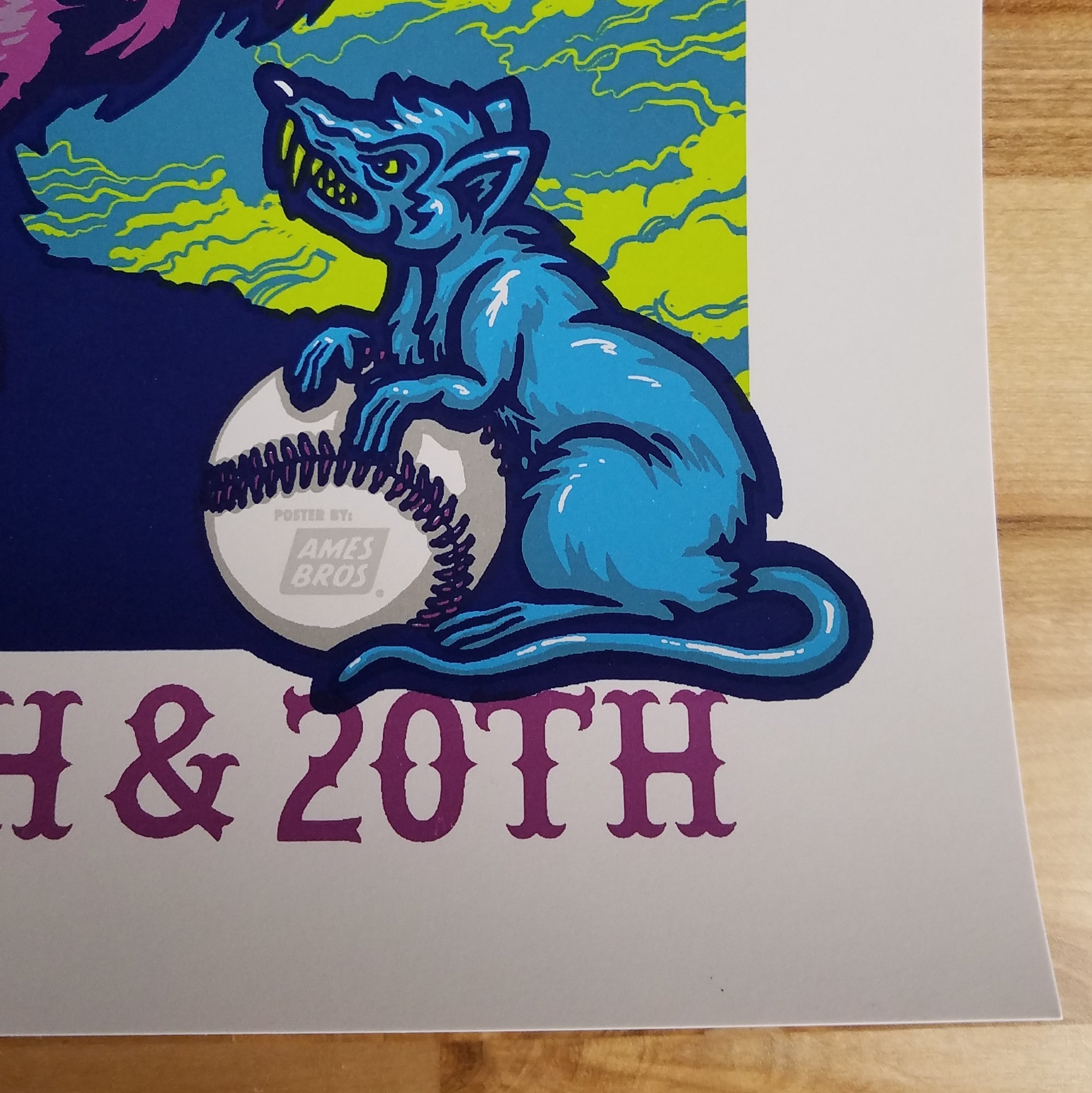 Title:  Pearl Jam Ames Bros Wrigley Field 2018  Poster artist:  Ames Bros. Edition:   Type: Size:  18" x 24" Location:  Chicago, Illinois Venue:  Wrigley Field Notes:  For the two Wrigley Field shows taking place on August 18th & August 20th, 2018.  Unsigned and Unnumbered - released on August 16, 2018 at the Wrigley Field Merch Tent across the street from the field.