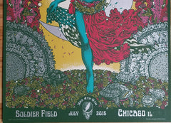 Title:  Grateful Dead - Fare Thee Well  Artist:  Richey Beckett  Edition:  Released at their July 3rd, 4th and 5th 2016 shows, signed and numbered artist edition  Type:  Screen printed poster  Size:  18 "x 24"  Venue:  Soldier Field  Location:  Chicago, IL  Notes:  Print is stored flat in very good condition. Following purchase, prints are rolled in archival paper and shipped with bubble wrap in sturdy cardboard tubes.  Check out our other listings for more hard-to-find and out-of-print posters.