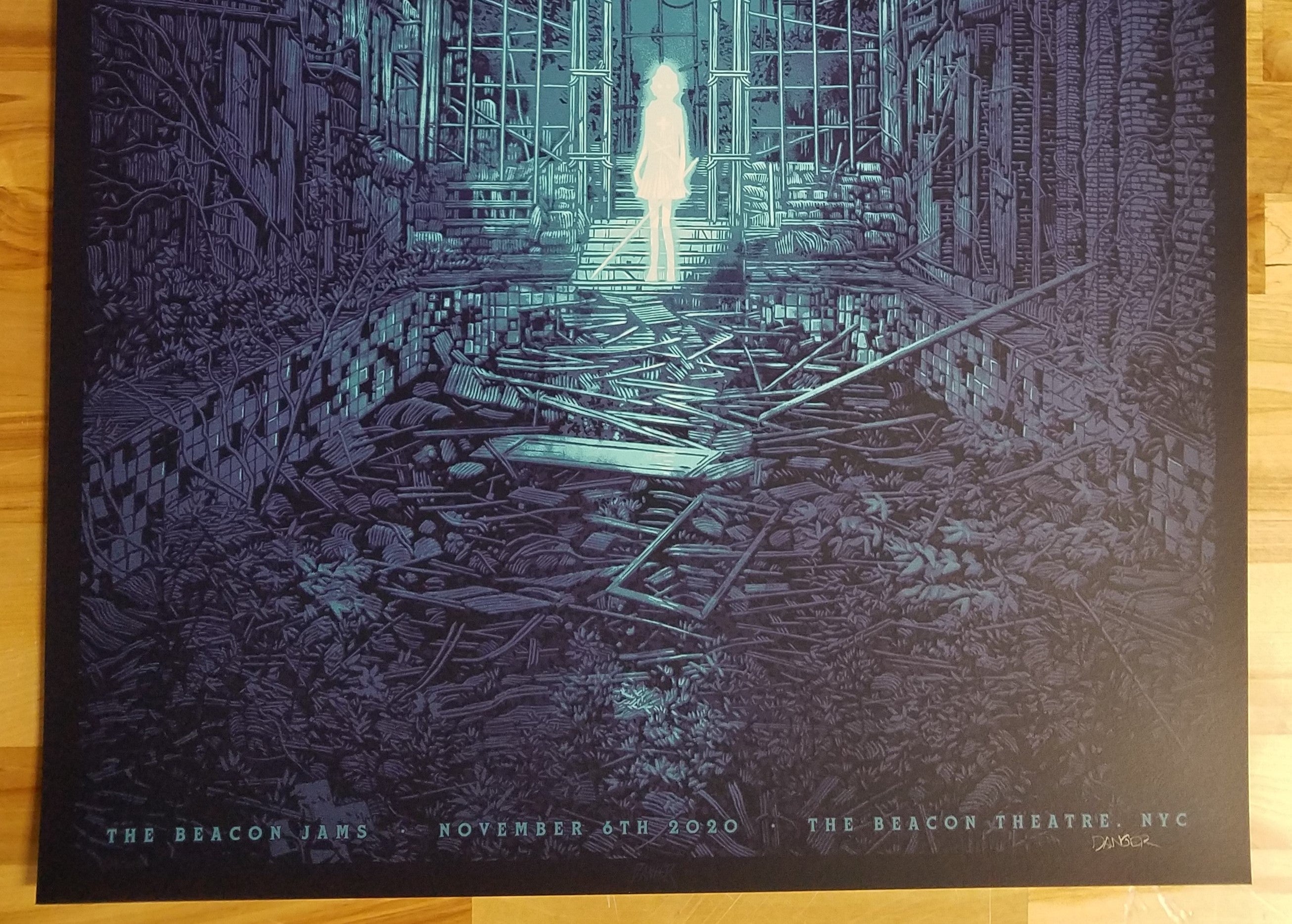 "The Beacon Jams: Ghost of the Forest" - Variant by Daniel Danger. 1/6/2020 Edition of 300, Signed and Numbered by the artist. Screen print on foil. New York City. Prints are rolled in kraft paper and shipped in a sturdy cardboard tube protected with bubble wrap on each end of the inside. Be sure to check out our other listings for more rare, sold out & hard to find screenprints and posters!