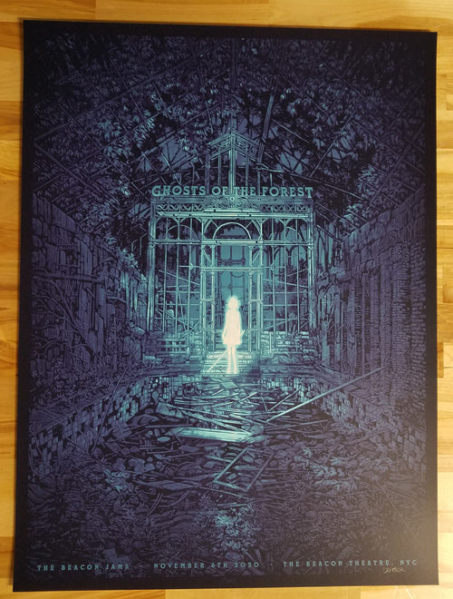 "The Beacon Jams: Ghost of the Forest" - Variant by Daniel Danger.  1/6/2020 Edition of 300, Signed and Numbered by the artist.  Screen print on foil.  New York City.  Prints are rolled in kraft paper and shipped in a sturdy cardboard tube protected with bubble wrap on each end of the inside.  Be sure to check out our other listings for more rare, sold out & hard to find screenprints and posters!