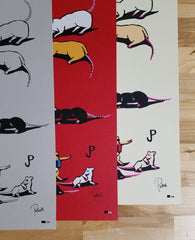 Title: Pied Piper - 3 Print Numbered Set Artist: Jim Pollock Edition: This is a numbered set. Each print measures 18" x 24". • Main Edition (Hand screen print on off-white speckletone) - signed/numbered, limited edition of 800 • Red Edition (Hand screen print on Jupiter pearlescent red) - signed/numbered, limited edition of 250 • Silver Edition (Hand screen print on metallic silver lustre stock) - signed/numbered, limited edition of 250 Size: 24" x 18."