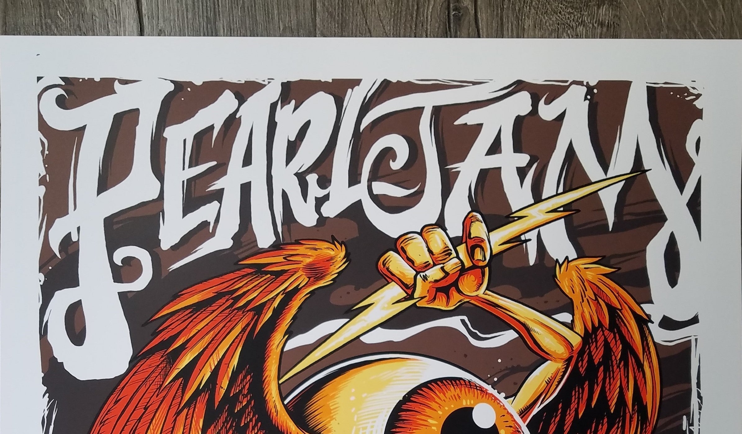 Title:  Pearl Jam - DCU Center 2013 Worcester MA  Artist:  Brandon Heart  Edition:  Limited edition Screen Printed Poster of 100, signed and numbered by the artist  Type:  Screen Print  Size:  18" x 24"  Location:  Worcester, MA  Venue:  DCU Center  Notes:  This beautiful 6-color screen print for Pearl Jam’s October 15th show at the DCU Center in Worcester, MA pays homage to legendary psychedelic poster artist Rick Griffin's "flying eyeball" and remains in perfect condition.