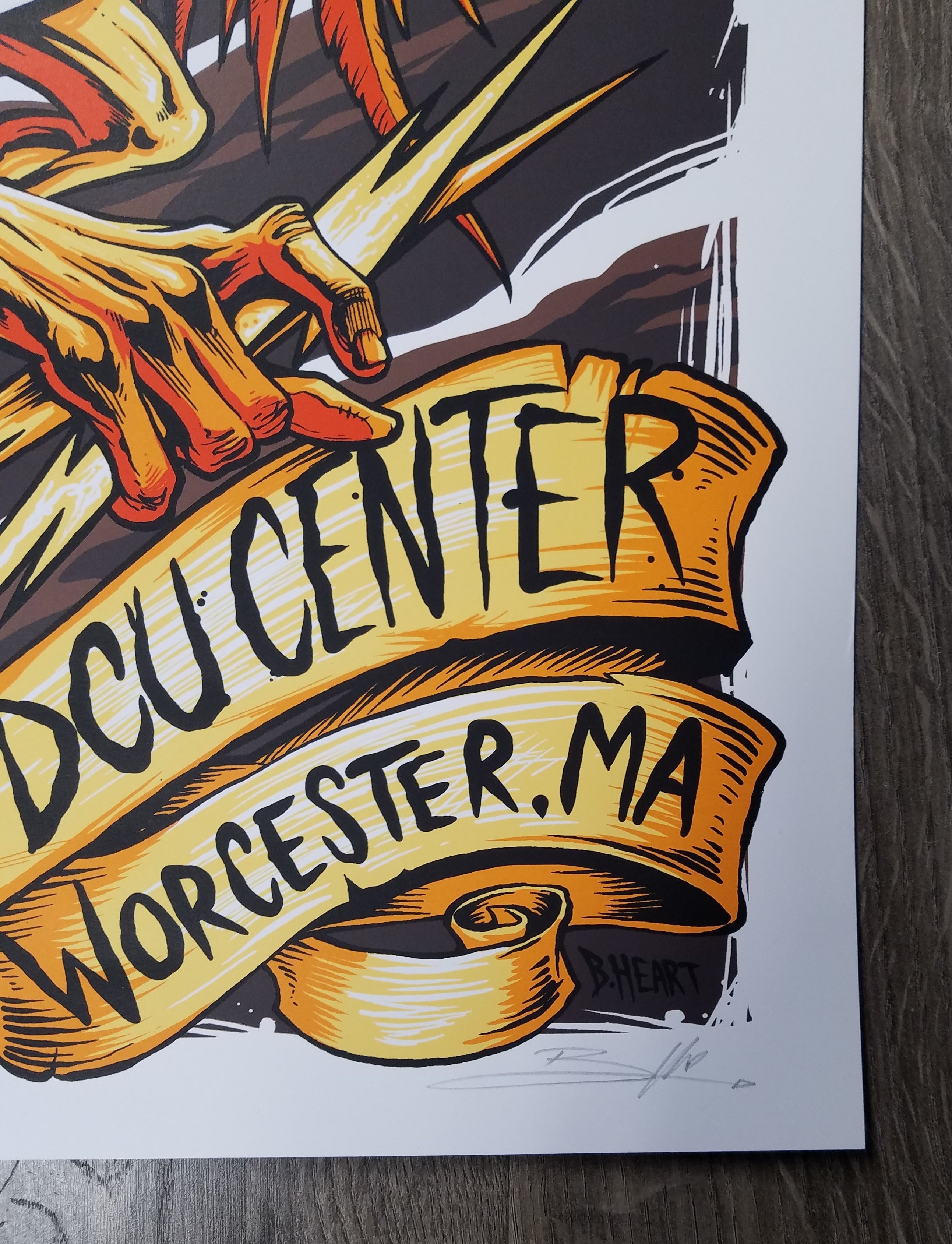 Title:  Pearl Jam - DCU Center 2013 Worcester MA  Artist:  Brandon Heart  Edition:  Limited edition Screen Printed Poster of 100, signed and numbered by the artist  Type:  Screen Print  Size:  18" x 24"  Location:  Worcester, MA  Venue:  DCU Center  Notes:  This beautiful 6-color screen print for Pearl Jam’s October 15th show at the DCU Center in Worcester, MA pays homage to legendary psychedelic poster artist Rick Griffin's "flying eyeball" and remains in perfect condition.