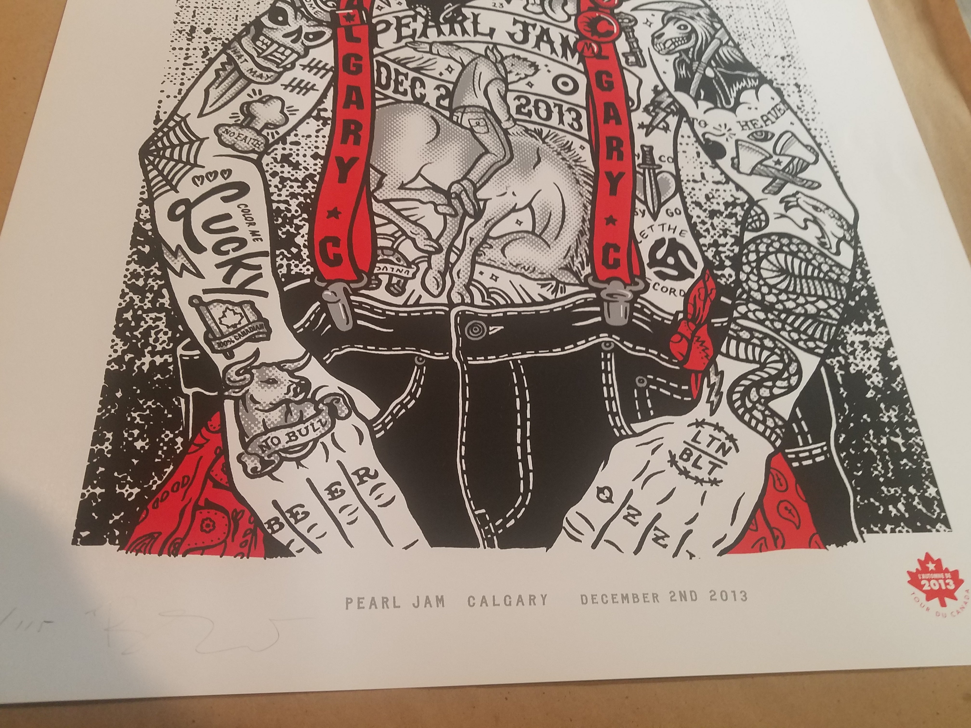 Title: PEARL JAM - 2013 - Calgary  Artist: Ames Bros  Edition: Limited Edition Screen Printed Poster of 115, signed and numbered by the artist.  Type: 3 color screen printed poster  Size: 20" x 26"  Location: Calgary, Alberta  Venue: Saddledome Concert, December 2nd, 2013