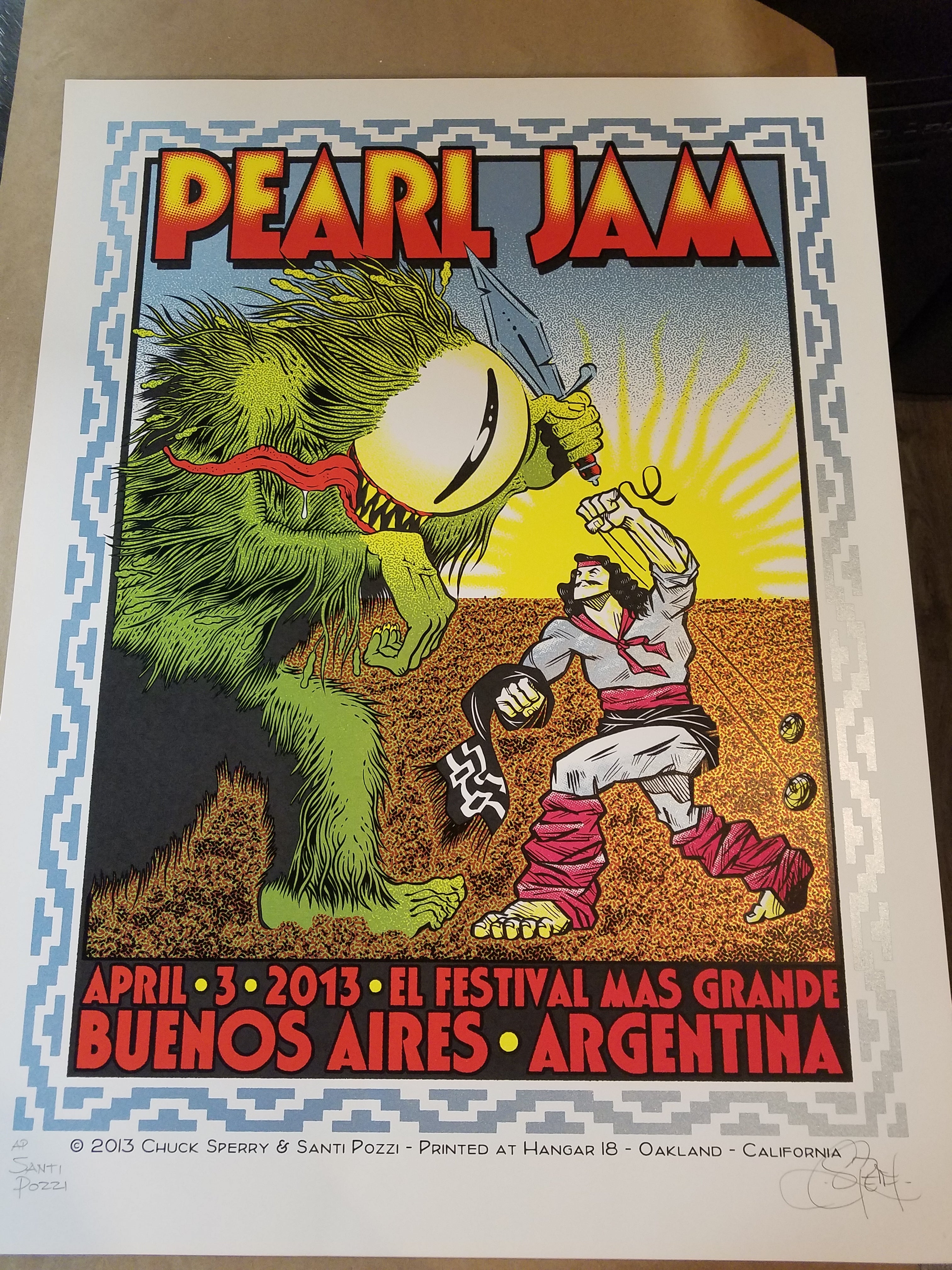 Pearl Jam Buenos Aires  4/3/2013 Limited Edition of 100, Signed and Numbered (Chuck Sperry signed – Chuck Sperry and Santi Pozzi – plate signed on the back)