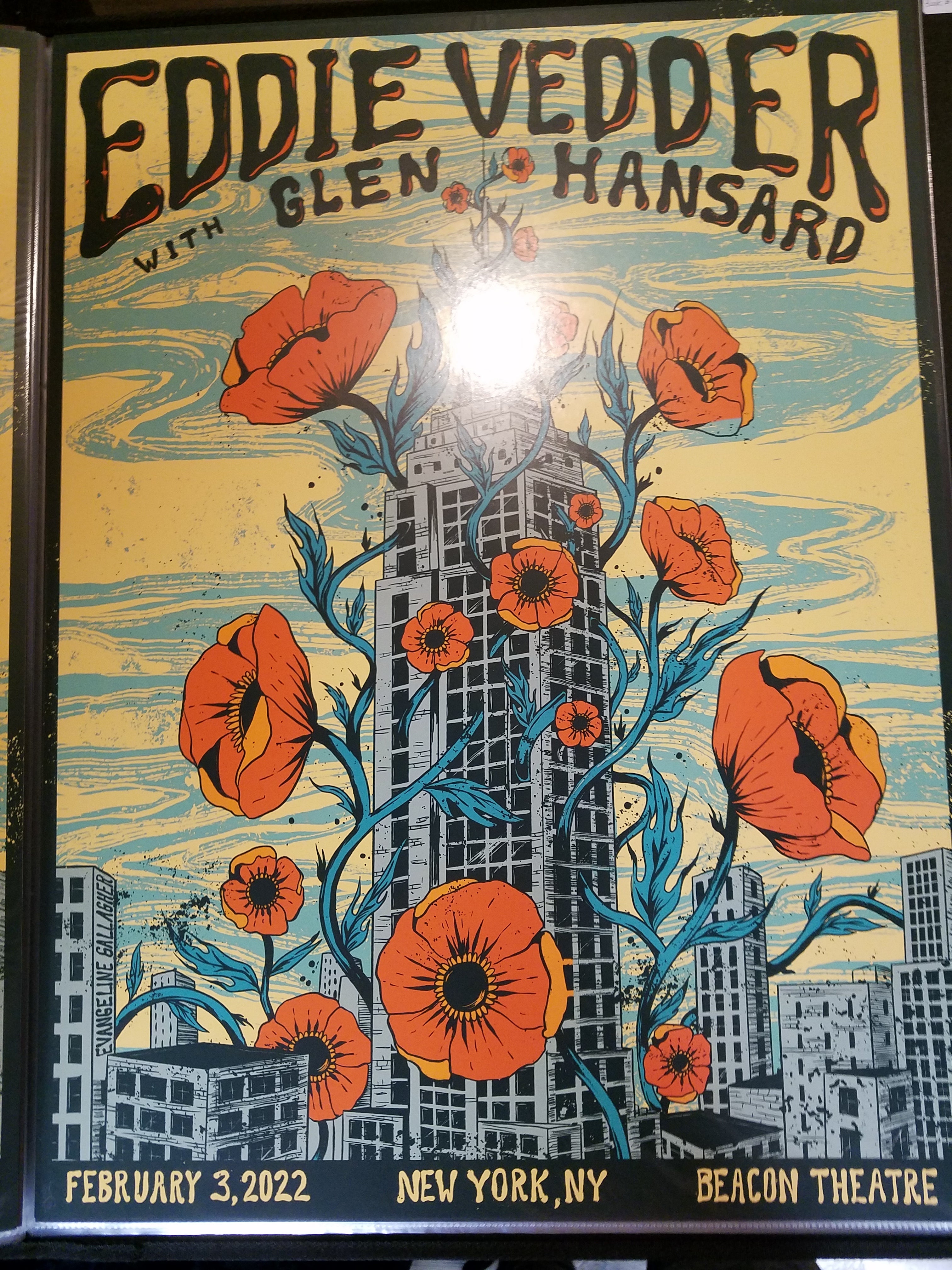 Title:  Eddie Vedder 2/3/22 Beacon Theatre AP Poster  Poster artist:  Evangeline Gallagher  Edition:  xx/100 s/n  Type:  Screen Print  Size:  24" x 18"  Location: New York, NY  Venue: Beacon Theatre  Notes:   Signed and numbered by artist.  7-color print.  In house ready to ship!