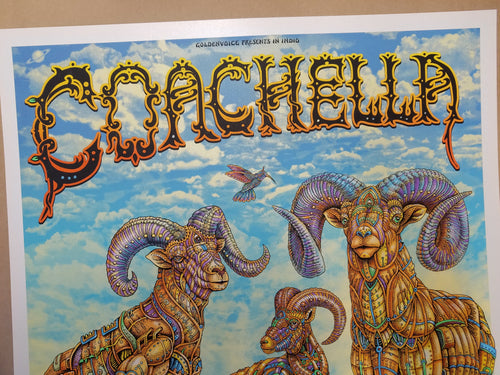 Coachella 2018 by Emek.  Screen print.  22" x 30.5".  All prints are stored flat. Print is in very good condition as received from the artist.  Following purchase, all prints are rolled in archival paper and shipped in a sturdy cardboard tube which is bubble wrapped on the inside for each end.