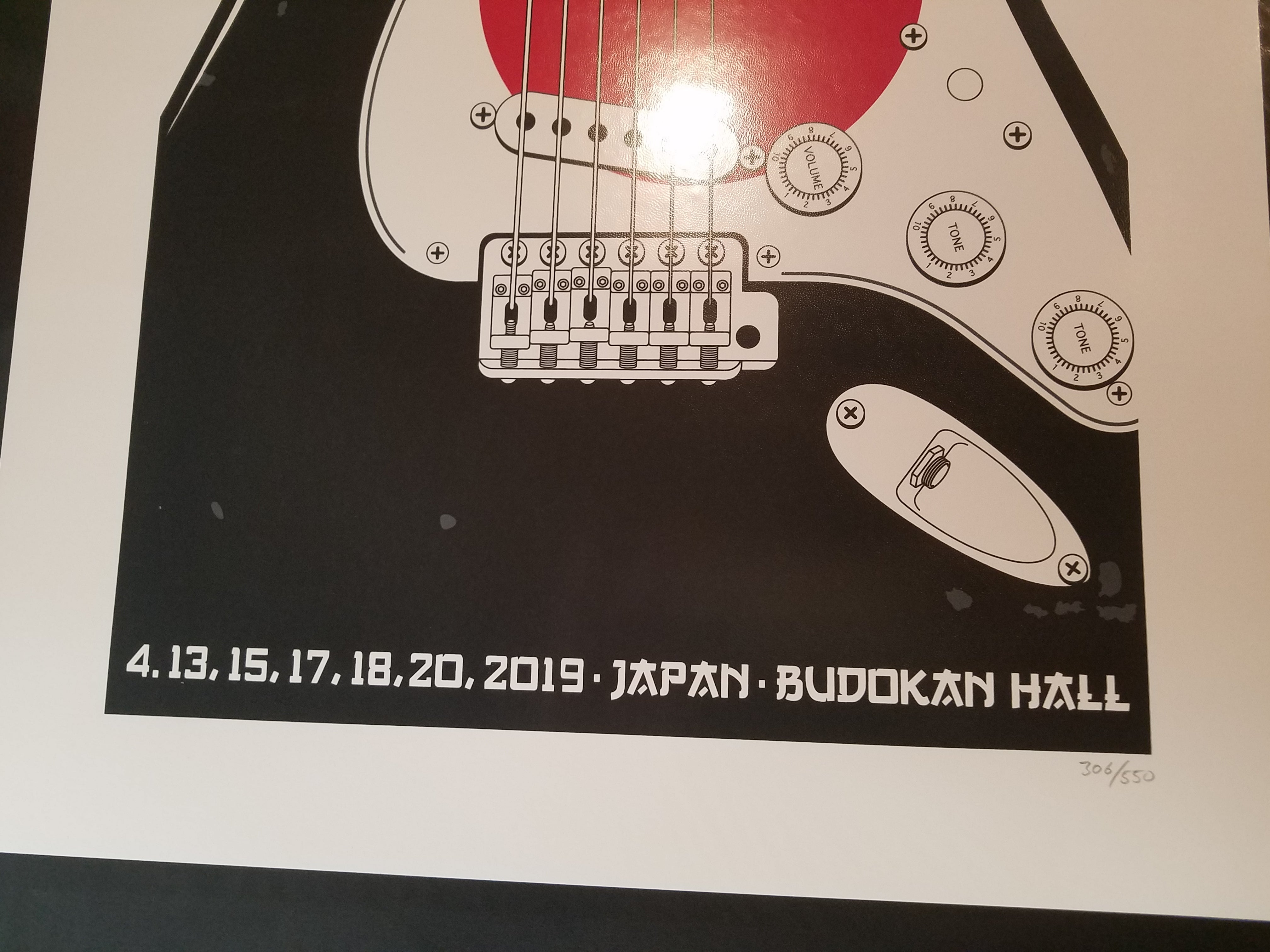 Title:  Eric Clapton - Budokan 2019  Edition:  xx/500  Type: Hand Screen printed poster  Size:  14" x 20"  Venue: Budokan Hall  Location:  Tokyo, Japan  Notes:  2019 Limited edition screen printed poster of 1000, Poster is numbered 76/1000 in pencil.  In house and ready to ship!