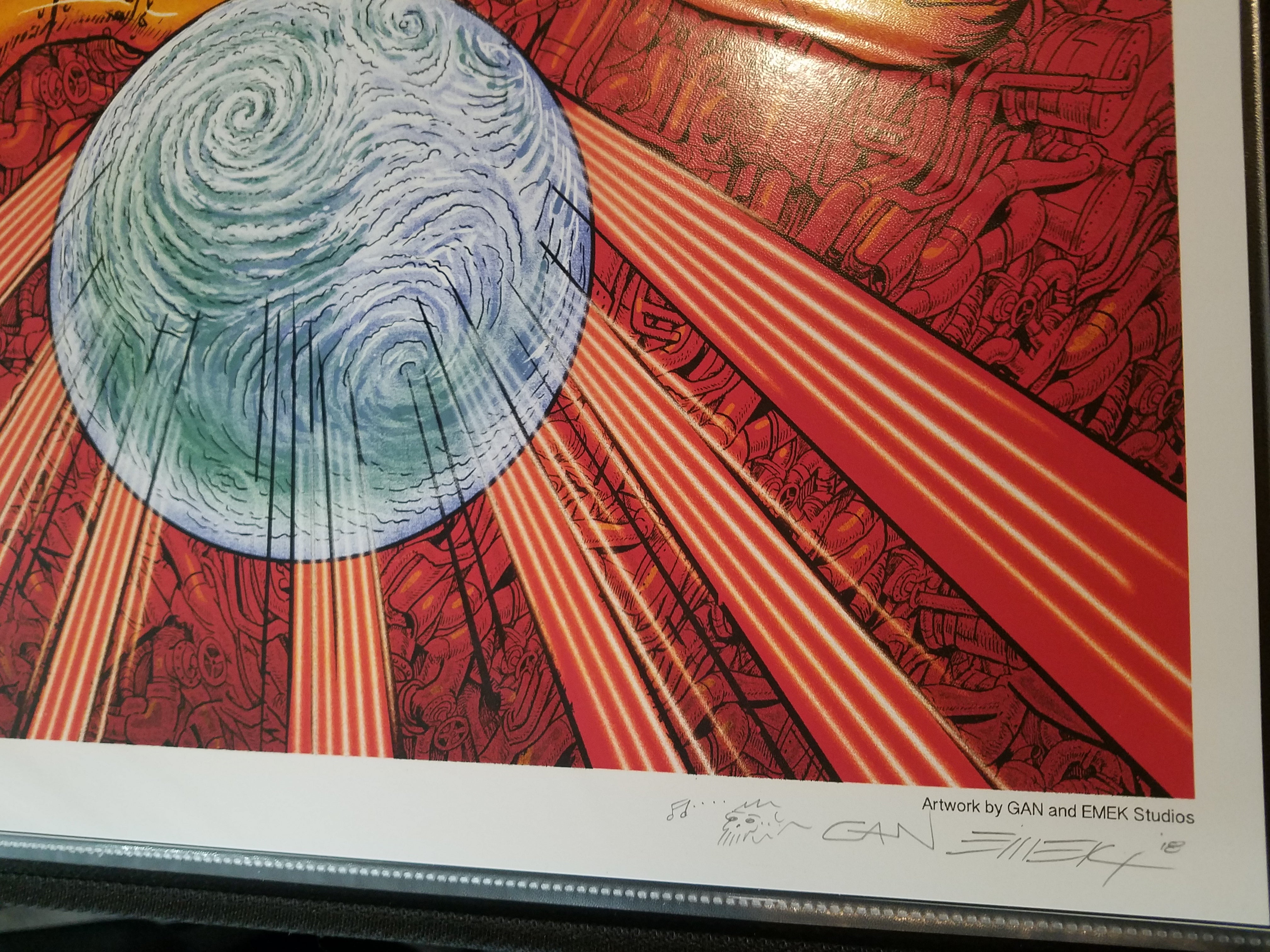Title:  Foo Fighters Emek Wrigley Field July 29th, 2018  Artist:  Emek and his brother 'Gan'  Edition:  xx/850  Size:  18" x 24"  Venue:  Wrigley Field  Location:  Chicago, IL  Notes:   Signed by both artists.  750 prints were originally sold at the show. embossed and doodled.  This print is edition #100 or lower.  This poster is a collaboration with Emek's brother 'Gan' for the Foo Fighters show which took place at Wrigley Field in Chicago, IL on July 29, 2018.