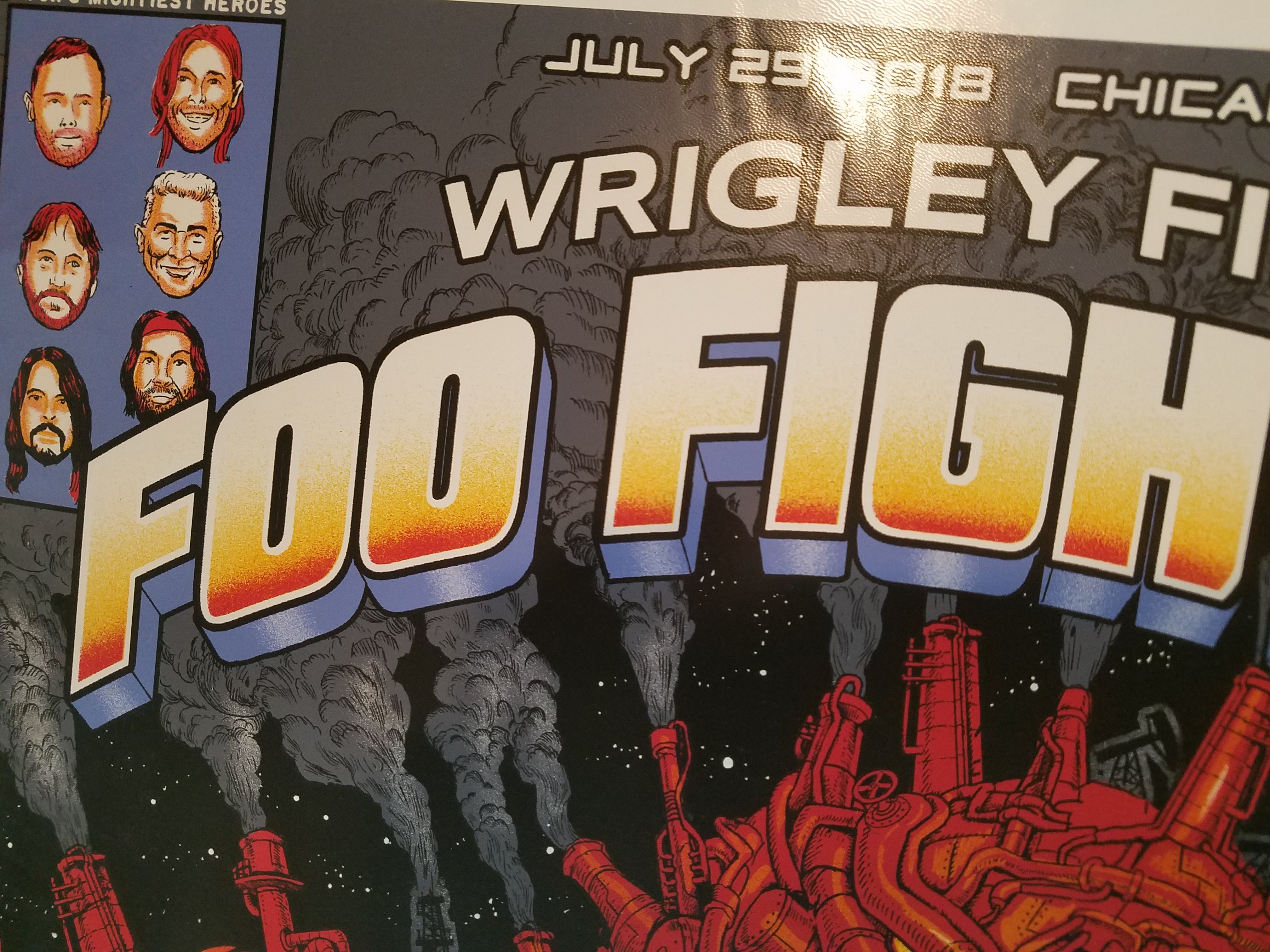 Title:  Foo Fighters Emek Wrigley Field July 29th, 2018  Artist:  Emek and his brother 'Gan'  Edition:  xx/850  Size:  18" x 24"  Venue:  Wrigley Field  Location:  Chicago, IL  Notes:   Signed by both artists.  750 prints were originally sold at the show. embossed and doodled.  This print is edition #100 or lower.  This poster is a collaboration with Emek's brother 'Gan' for the Foo Fighters show which took place at Wrigley Field in Chicago, IL on July 29, 2018.