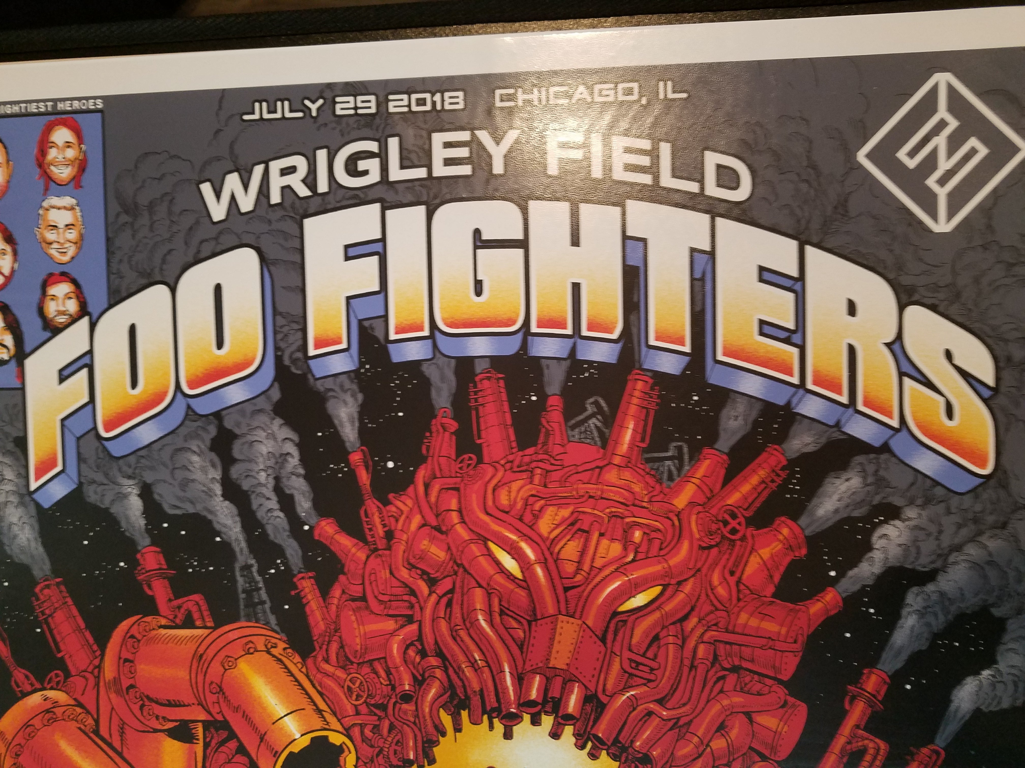 Title:  Foo Fighters Emek Wrigley Field July 29th, 2018  Artist:  Emek and his brother 'Gan'  Edition:  xx/850  Size:  18" x 24"  Venue:  Wrigley Field  Location:  Chicago, IL  Notes:   Signed by both artists.  750 prints were originally sold at the show. embossed and doodled.  This print is edition #100 or lower.  This poster is a collaboration with Emek's brother 'Gan' for the Foo Fighters show which took place at Wrigley Field in Chicago, IL on July 29, 2018.