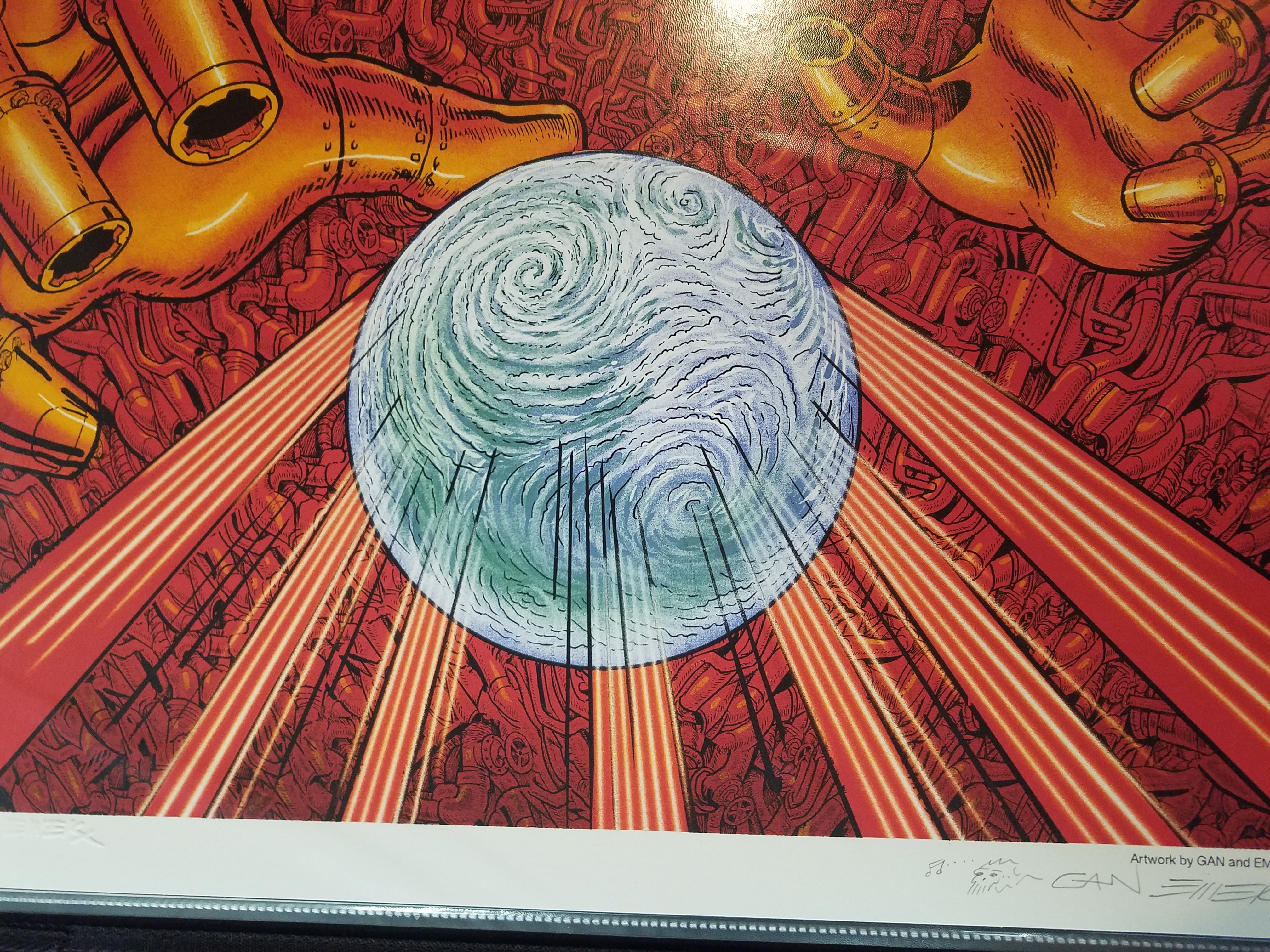 Title:  Foo Fighters Emek Wrigley Field July 29th, 2018  Artist:  Emek and his brother 'Gan'  Edition:  xx/850  Size:  18" x 24"  Venue:  Wrigley Field  Location:  Chicago, IL  Notes:   Signed by both artists.  750 prints were originally sold at the show. embossed and doodled.  This print is edition #100 or lower.  This poster is a collaboration with Emek's brother 'Gan' for the Foo Fighters show which took place at Wrigley Field in Chicago, IL on July 29, 2018.