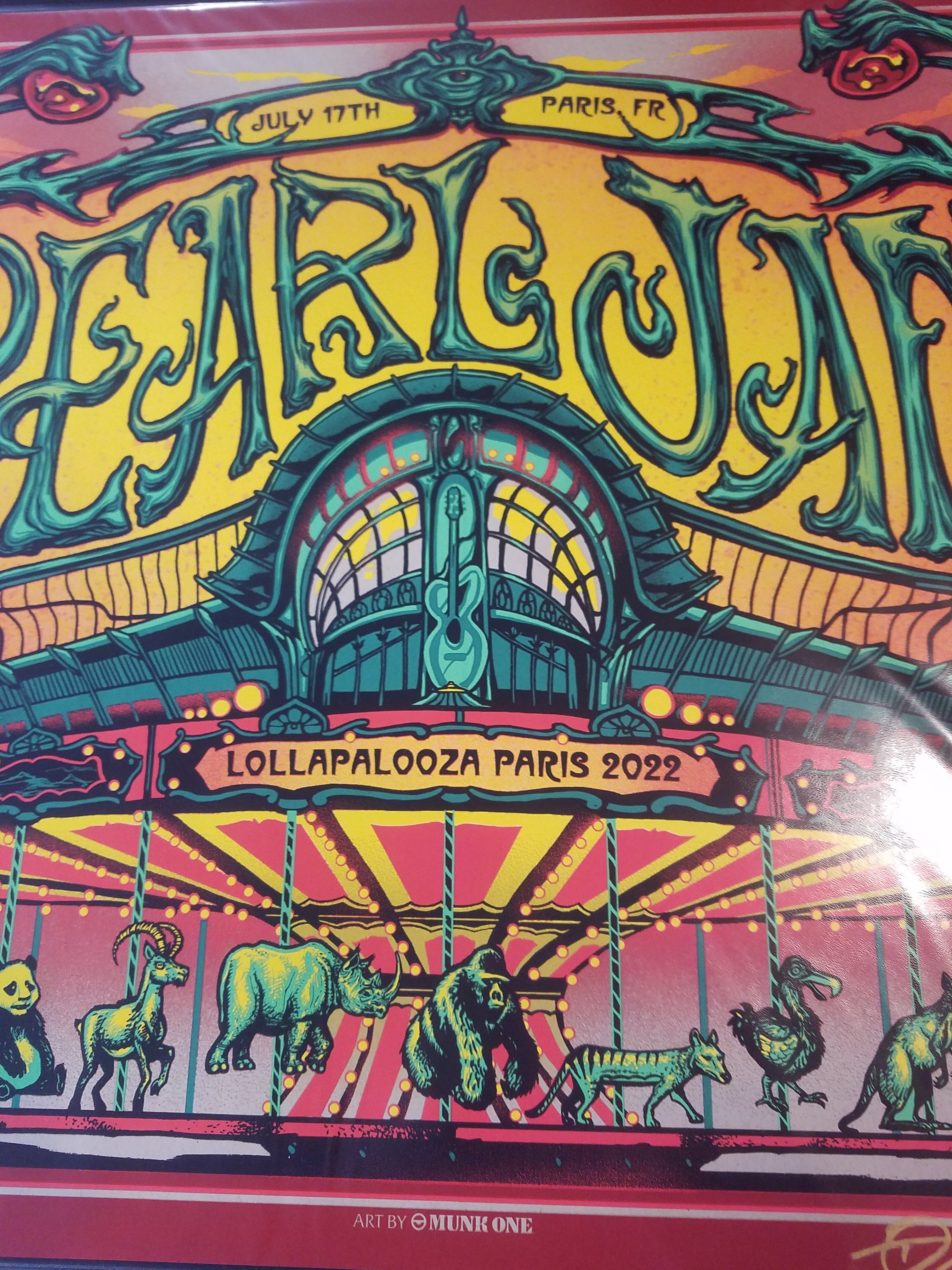 Title:  Pearl Jam Paris AP   Poster Artist:  MUNK ONE  Edition:  xx/100  Type:  AP on Light Brown Stock, 6 Color Screen Print, One Color Print and Authentication sticker on back side  Size: 24" x 18"  Location: Paris, FR  Venue:  Lollapalooza Show in Paris, FR - 7/17/22.