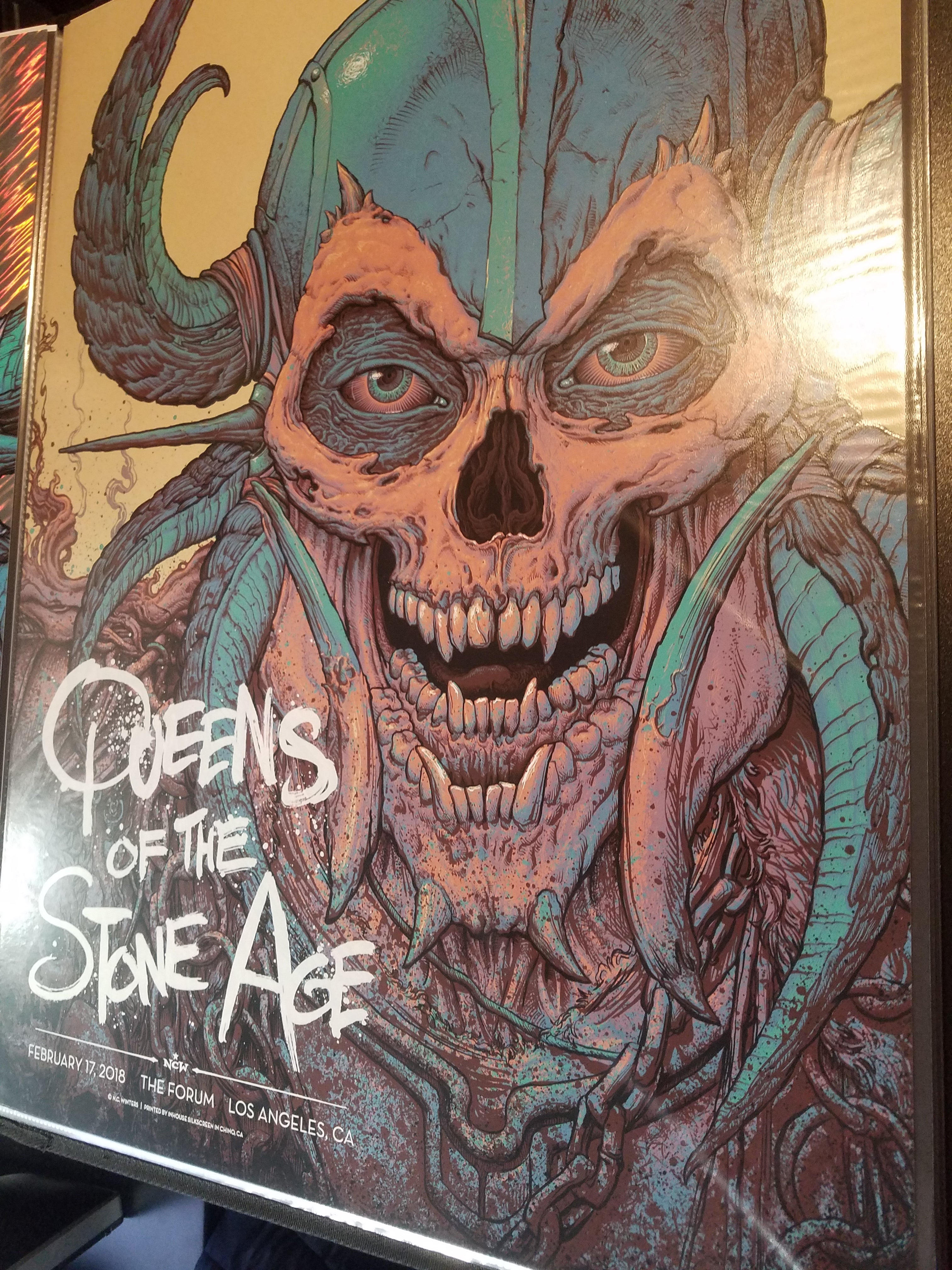 Title: QUEENS OF THE STONE AGE: L.A. FORUM GIG POSTER Kraft Variant  Artist: N.C. Winters  Edition: Limited Edition Screen Printed Poster of 40, signed and numbered by the artist.  Type: Six-color screenprint, Kraft variant (artist colorway on kraft stock):  Size: 18" x 24"  Location: Los Angeles, CA  Venue: The Forum