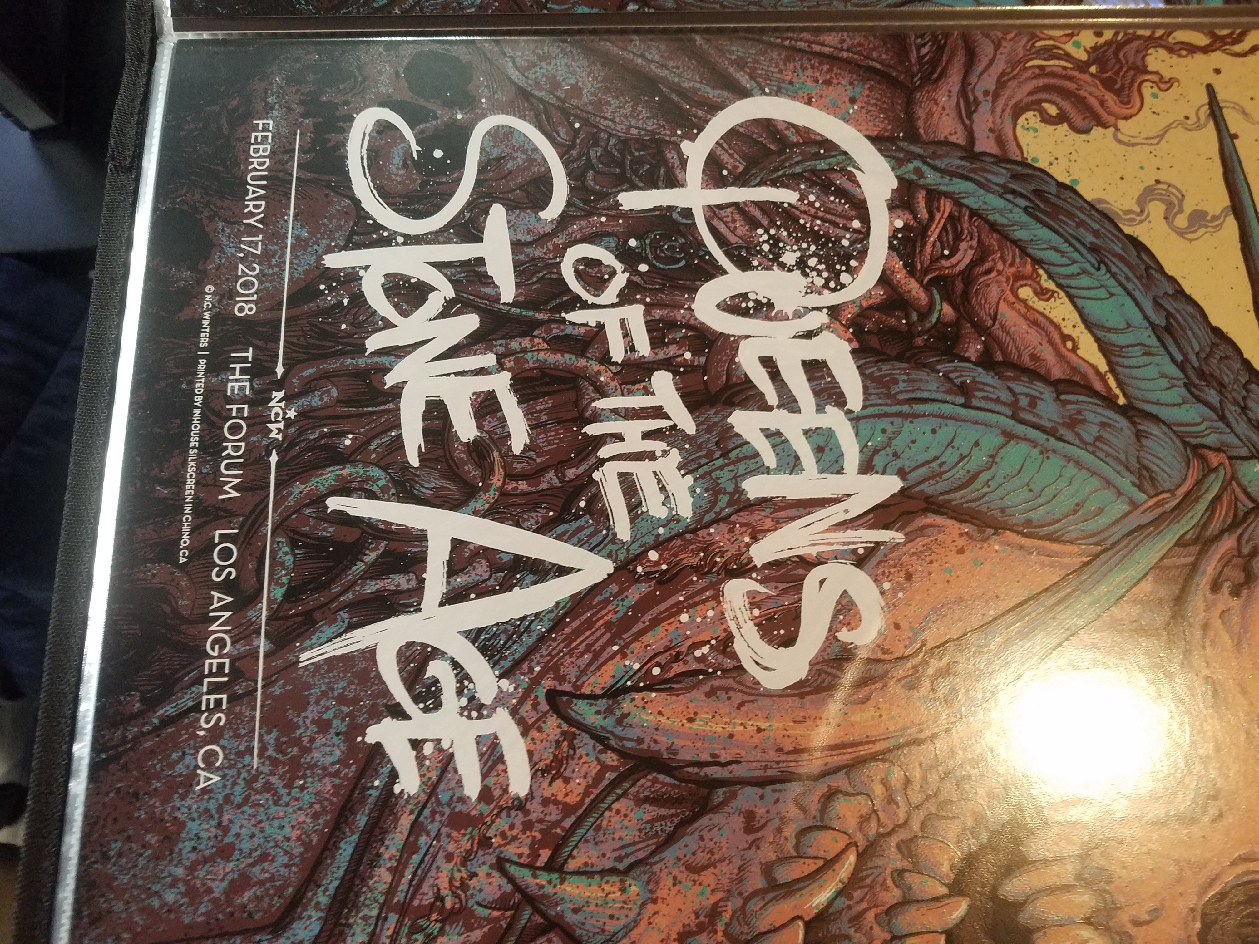 Title: QUEENS OF THE STONE AGE: L.A. FORUM GIG POSTER Kraft Variant  Artist: N.C. Winters  Edition: Limited Edition Screen Printed Poster of 40, signed and numbered by the artist.  Type: Six-color screenprint, Kraft variant (artist colorway on kraft stock):  Size: 18" x 24"  Location: Los Angeles, CA  Venue: The Forum