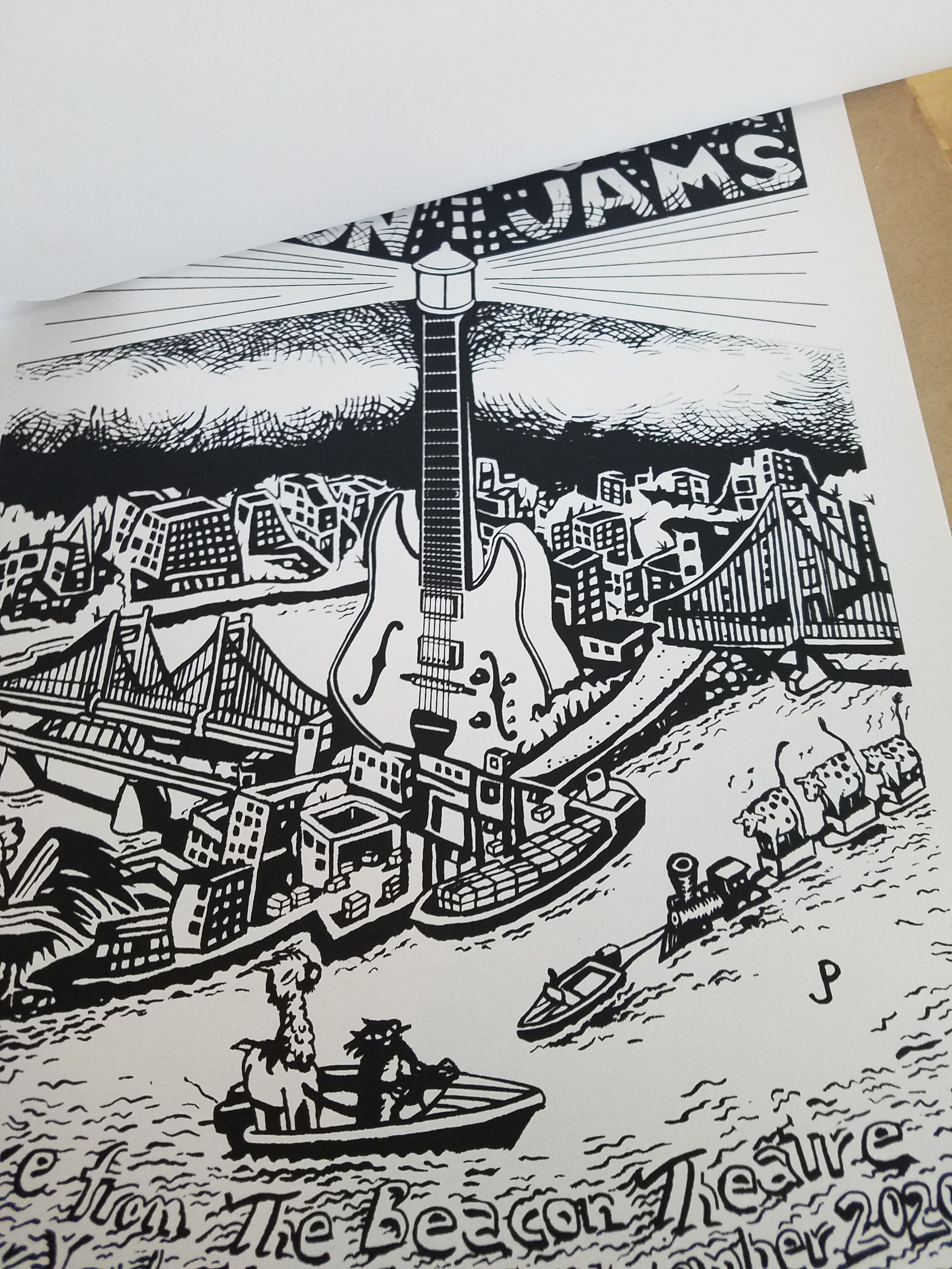 Title: "The Beacon Jams" SET OF THREE PRINTS (diff #s)  Poster artist: Jim Pollock  Edition: x/200, x/500, x/1600, signed by Jim Pollock and Trey Anastasio  Type: Screen Print  Size: 15" x 22"  Location: New York City  Venue: Beacon Theatre  Notes: Prints are in mint/near mint condition with no issues.  Printed on Neenah Stardream Crystal paper.  signed/numbered: yes - each of the 3 posters is signed by both Trey Anastasio and Jim Pollock.