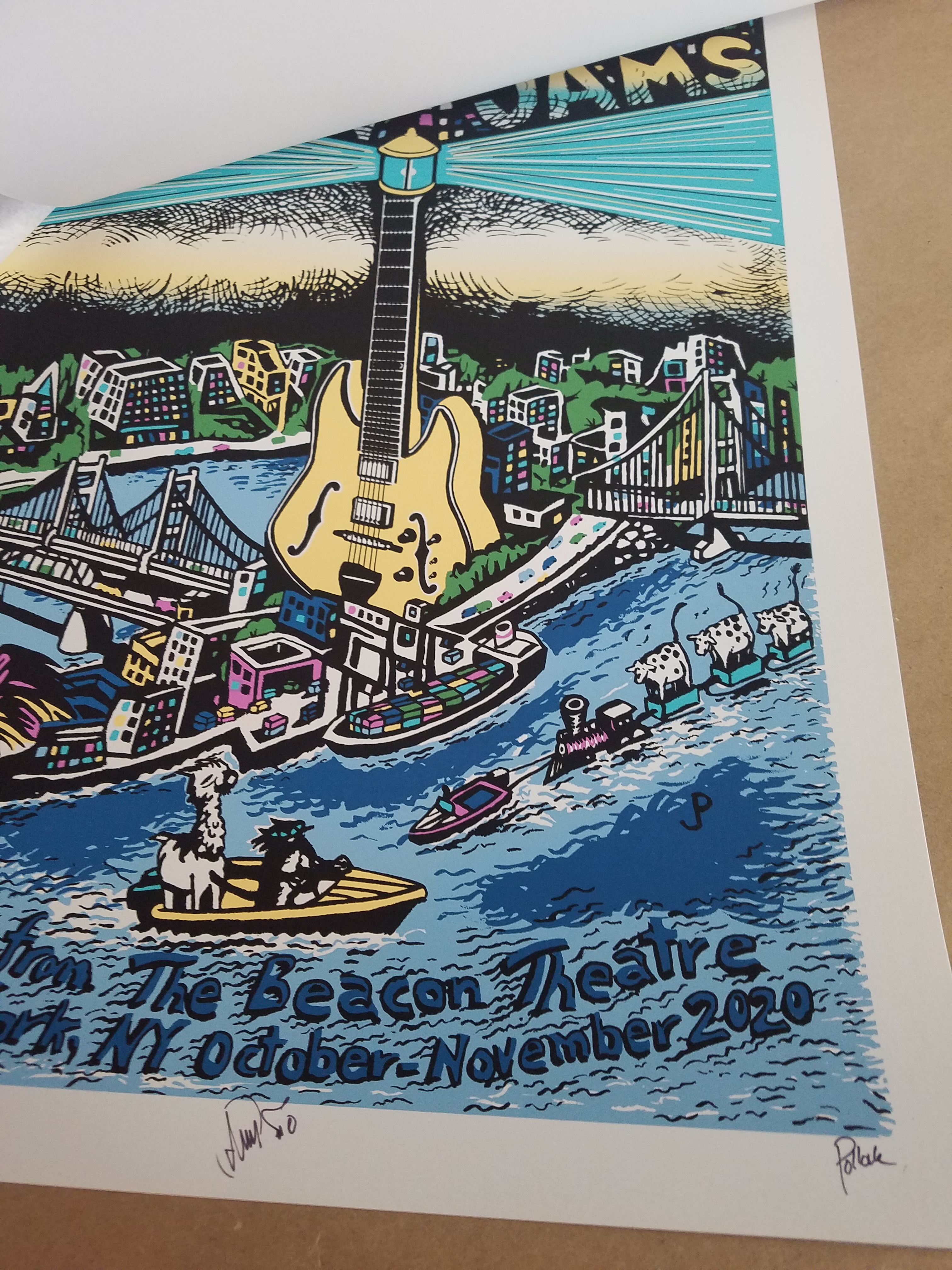 Title: "The Beacon Jams" SET OF THREE PRINTS (diff #s)  Poster artist: Jim Pollock  Edition: x/200, x/500, x/1600, signed by Jim Pollock and Trey Anastasio  Type: Screen Print  Size: 15" x 22"  Location: New York City  Venue: Beacon Theatre  Notes: Prints are in mint/near mint condition with no issues.  Printed on Neenah Stardream Crystal paper.  signed/numbered: yes - each of the 3 posters is signed by both Trey Anastasio and Jim Pollock.