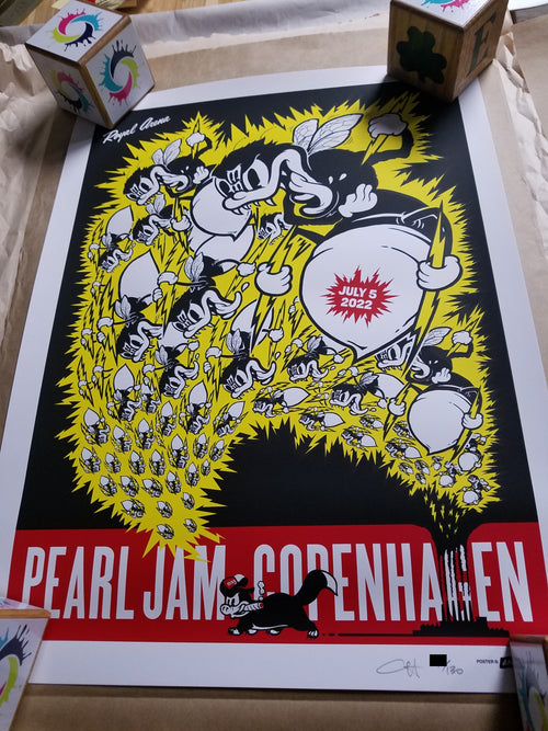 Title:  Official Pearl Jam Copenhagen 2022  Artist:  Ames Bros  Edition:  Regular Edition xx/130, signed and numbered by the artist  Type:  3 Color silkscreen poster on white paper  Size: 18" x 24"  Location:  Copenhagen, Denmark  Venue:  Royal Arena