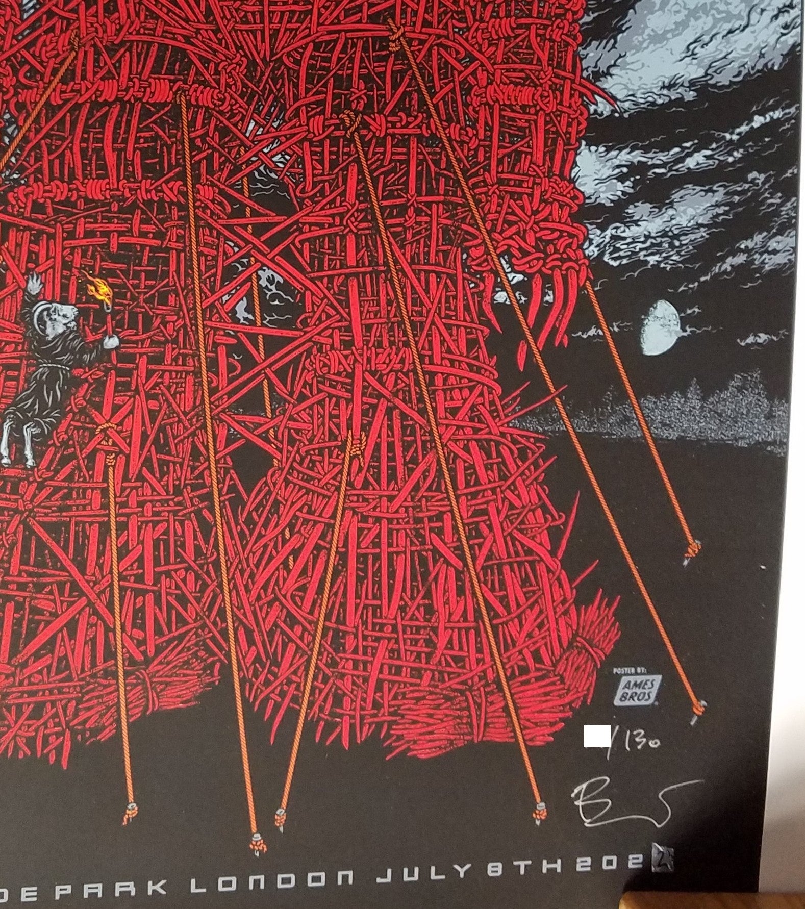 Title: Official Pearl Jam London 2022  Artist:  Ames Bros  Edition:  Regular Edition xx/130, signed and numbered  Type:  6 Color silkscreen poster on chipboard paper  Size:  18" x 24"  Venue:  Hyde Park  Location:  London, UK