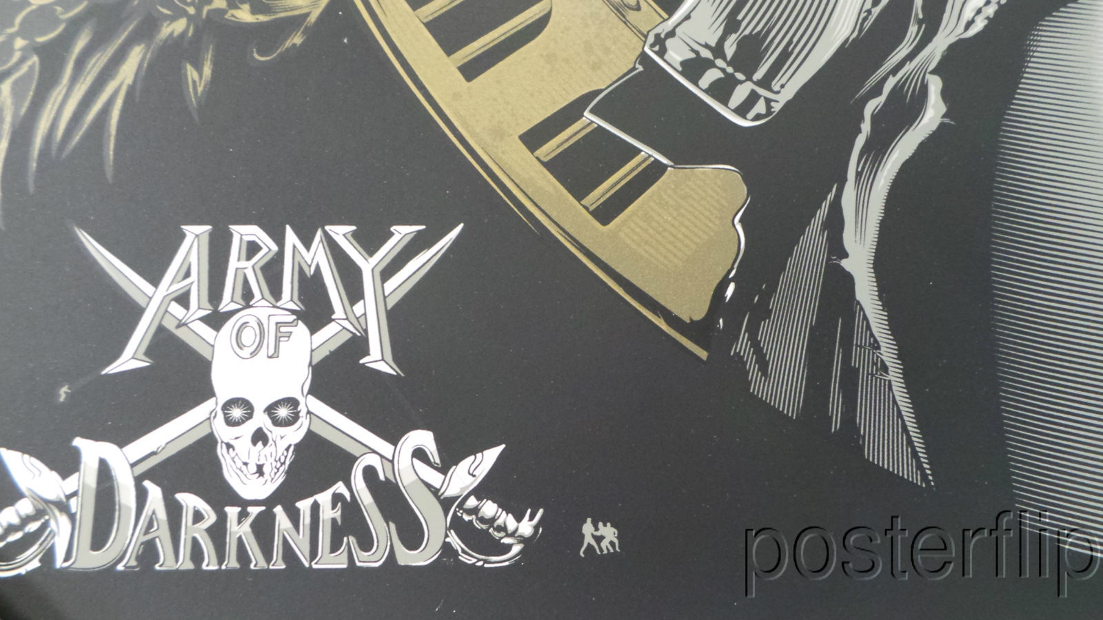 "Army of Darkness Gold Variant" by Jeff Boyes.  Inspired by the popular cult film. Released by Skuzzles in 2014 in limited edition of 50 prints. Print is stored flat in very good condition. Following purchase, prints are rolled in archival paper and shipped with bubble wrap in sturdy cardboard tubes.