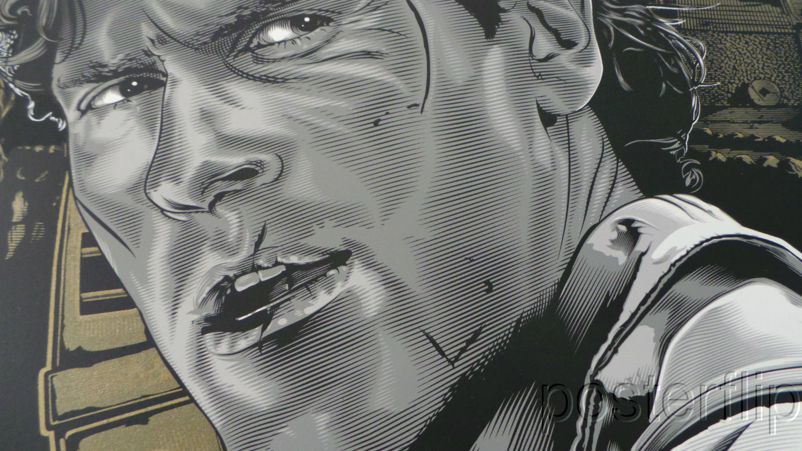 "Army of Darkness Gold Variant" by Jeff Boyes.  Inspired by the popular cult film. Released by Skuzzles in 2014 in limited edition of 50 prints. Print is stored flat in very good condition. Following purchase, prints are rolled in archival paper and shipped with bubble wrap in sturdy cardboard tubes.