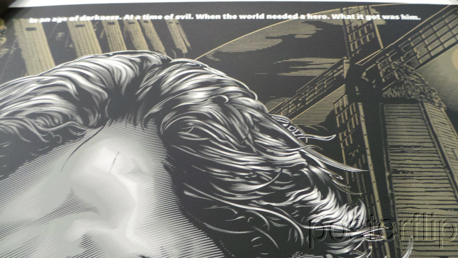 "Army of Darkness Gold Variant" by Jeff Boyes.  Inspired by the popular cult film. Released by Skuzzles in 2014 in limited edition of 50 prints. Print is stored flat in very good condition. Following purchase, prints are rolled in archival paper and shipped with bubble wrap in sturdy cardboard tubes.