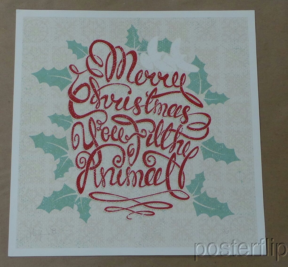 Title: "You Filthy Animal (Home Alone)" Poster artist: Meg Hyland Edition: 10 Type: Screen Print Size: 12" x 12" Location: Winnetka, IL Venue: NA Notes:  Released in 2013 by Gallery1988.  Print measures 12x12 inches, signed and numbered by the artist.  Print is stored flat in very good condition. Following purchase, prints are rolled in archival paper and shipped with bubble wrap in sturdy cardboard tubes.