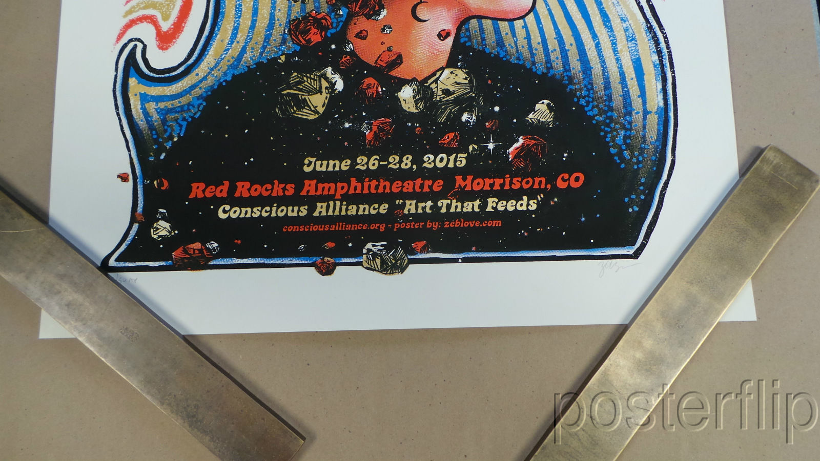 Title: "Widespread Panic - Red Rocks, CO 2015" Poster artist: Zeb Love Edition: 50 Type: Screen Print Size: 18" x 24" Location:  Morrison, CO Venue: Red Rocks Ampitheatre Notes:  Released in 2015. Signed and numbered by the artist.  Print is stored flat in very good condition. Following purchase, prints are rolled in archival paper and shipped with bubble wrap in sturdy cardboard tubes.