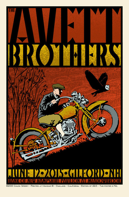 The Avett Brothers – Gilford, NH 2015  Limited Edition of 225, Signed and Numbered by the artist, Chuck Sperry  Bank of New Hampshire Pavilion At Meadowbrook.  6-color Screen Print.  Ready To Ship!