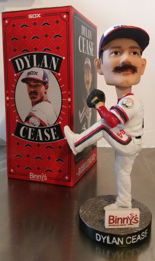 Binny's Beverage Depot sponsored bobblehead featuring the Chicago White Sox star Dylan Cease.  Box and packaging included.  Collectible given away to attendees of the 8/26/2023 baseball game at Guaranteed Rate Field between the White Sox and the Oakland Athletics.