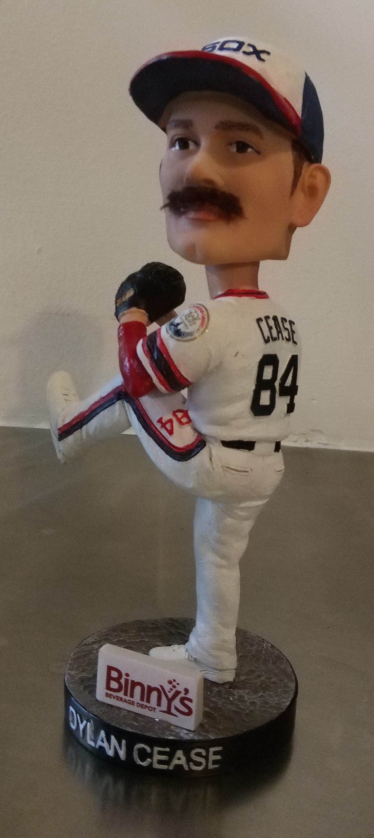 Binny's Beverage Depot sponsored bobblehead featuring the Chicago White Sox star Dylan Cease.  Box and packaging included.  Collectible given away to attendees of the 8/26/2023 baseball game at Guaranteed Rate Field between the White Sox and the Oakland Athletics.