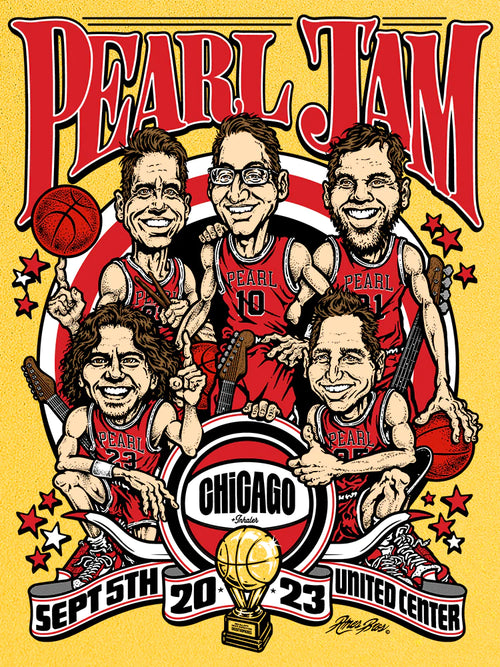 Title:  Pearl Jam Chicago-Night 1 SuperGold Variant  Artist:  Ames Bros  Edition:  110  Type:  5 color on SuperGold metallic paper  Size: 18" x 24"  Location:  Chicago, IL  Venue:  United Center  Notes:  An edition of 110 posters, signed by the artists, to commemorate Pearl Jam's September 5, 2018 concert at the United Center in Chicago, IL.  PRESALE.  Will ship when received from artist.