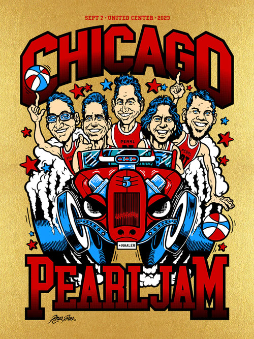 Title:  Pearl Jam Chicago-Night 1 SuperGold Variant  Artist:  Ames Bros  Edition:  110  Type:  5 color on SuperGold metallic paper  Size: 18" x 24"  Location:  Chicago, IL  Venue:  United Center  Notes:  An edition of 110 posters, signed by the artists, to commemorate Pearl Jam's September 7, 2023 concert at the United Center in Chicago, IL.  PRESALE.  Will ship when received from artist.