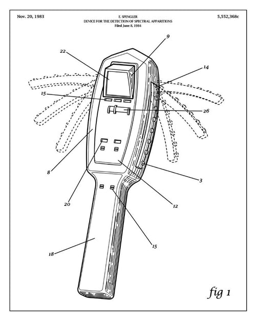 "Detection (Ghostbusters PKE Meter Patent Illustration Letterpress)" by Timothy Anderson.