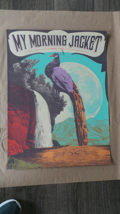 Title:  My Morning Jacket Roll Call Peacock (2015)  Artist:  Status Serigraph (Justin Helton)  Type:  Screen print poster  Size:  18" x 24"  Notes:  Print is stored flat in very good condition. Following purchase, prints are rolled in archival paper and shipped with bubble wrap in sturdy cardboard tubes.  Check out our other listings for more hard-to-find and out-of-print posters.