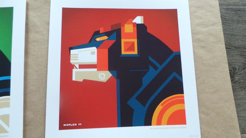 Title:  Voltron Lions and Holofoil Edition 2015  Artist:  Tom Whalen  Edition:  Holofoil Edition, Limited Edition Screen printed poster of 100, numbered  Type: Screen printed poster  Size:  8" x 8", set of 5 and a 24" x 18" print.  Notes: Check out our other listings for more hard-to-find and out-of-print posters.