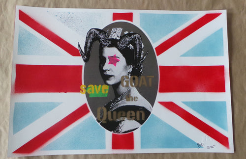 Title:  "GOAT SAVE THE QUEEN" REGULAR  Artist:  NOA prints  Edition: 2015 Limited Edition Screen Printed Poster of 15, signed and numbered by the artist  Type: Screen print poster, Giclee/Stencil/Spraypaint print  Size: 49 x 33 cm  Notes:   Stored flat in very good condition.  Check out our other listings for more hard-to-find and out-of-print posters.