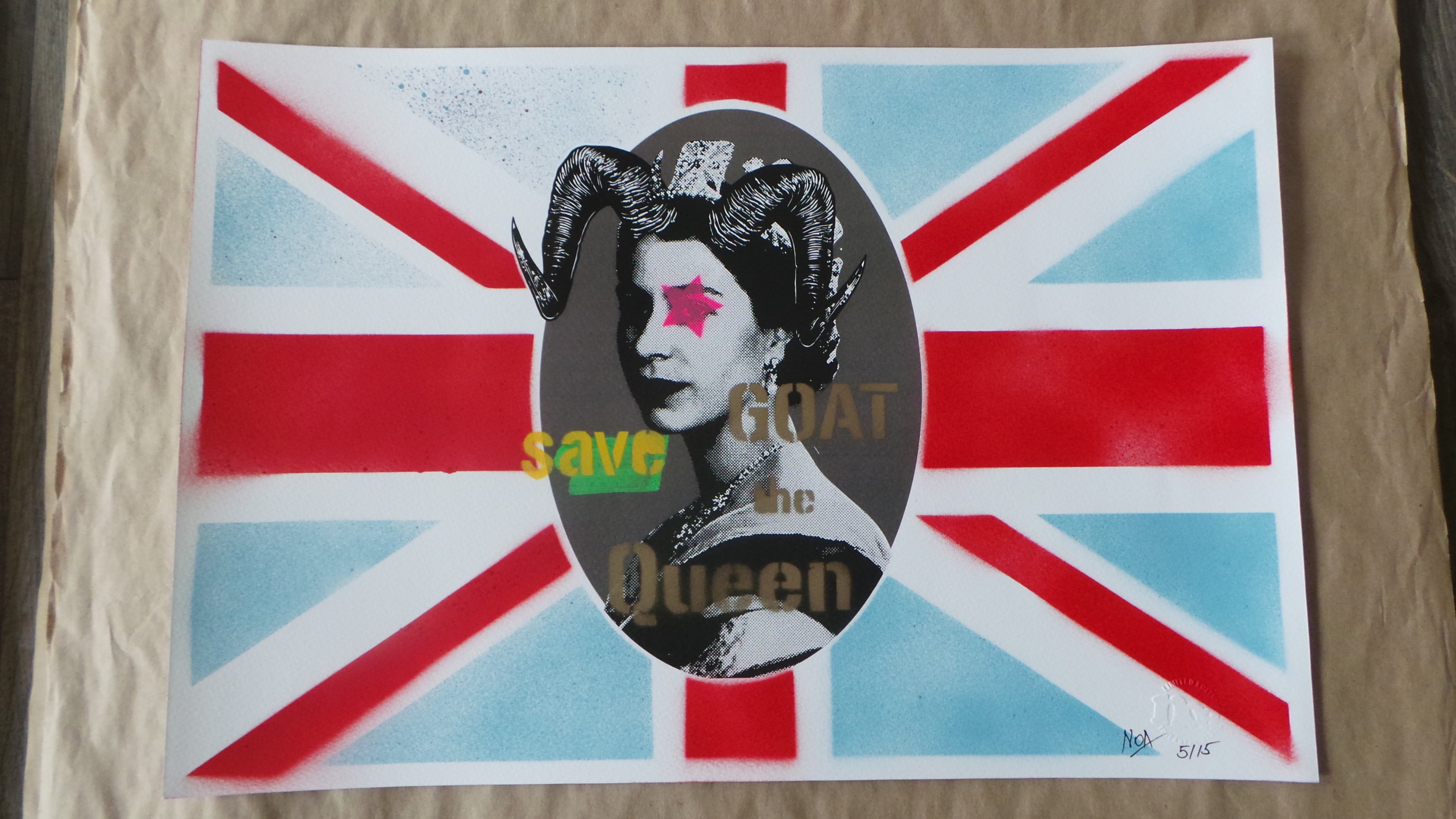 Title:  "GOAT SAVE THE QUEEN" REGULAR  Artist:  NOA prints  Edition: 2015 Limited Edition Screen Printed Poster of 15, signed and numbered by the artist  Type: Screen print poster, Giclee/Stencil/Spraypaint print  Size: 49 x 33 cm  Notes:   Stored flat in very good condition.  Check out our other listings for more hard-to-find and out-of-print posters.