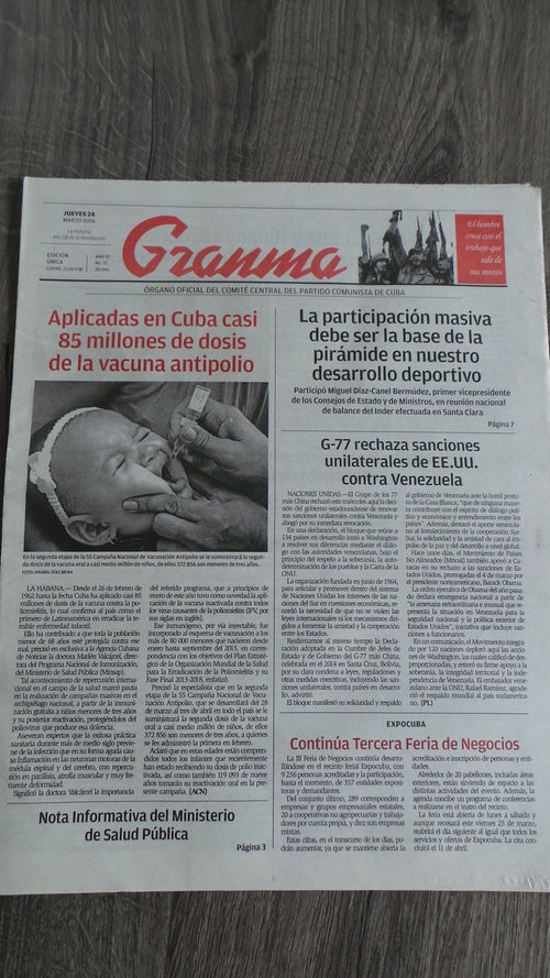 Notes:  March 26, 2016 issue of Granma, the official newspaper of the Central Committee of the Cuban Communist Party, featuring an article on The Rolling Stones' historic free concert in Cuba.   Purchased in Cuba, a unique piece of memorabilia for any Stones fan!   Newspaper is in good condition.  Due to the nature of print media, the quality of the printed text and photos varies from page-to-page.  Please refer to photos for example