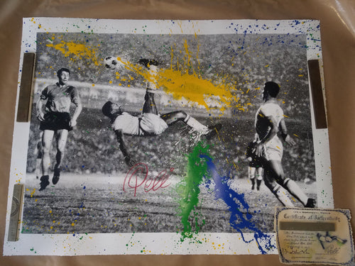 Title: The King Pele  Artist:  Mr. Brainwash  Edition: Edition of 75, hand finished by the artist. Print is also signed by Pele and the artist, numbered with thumb prints on the back  Type: Five color screen print on hand torn archival art paper.  Size: 48" x 36"  Notes: Certificate of authenticity will also be included.  Check out our other listings for more hard-to-find and out-of-print posters.   Ready to ship.