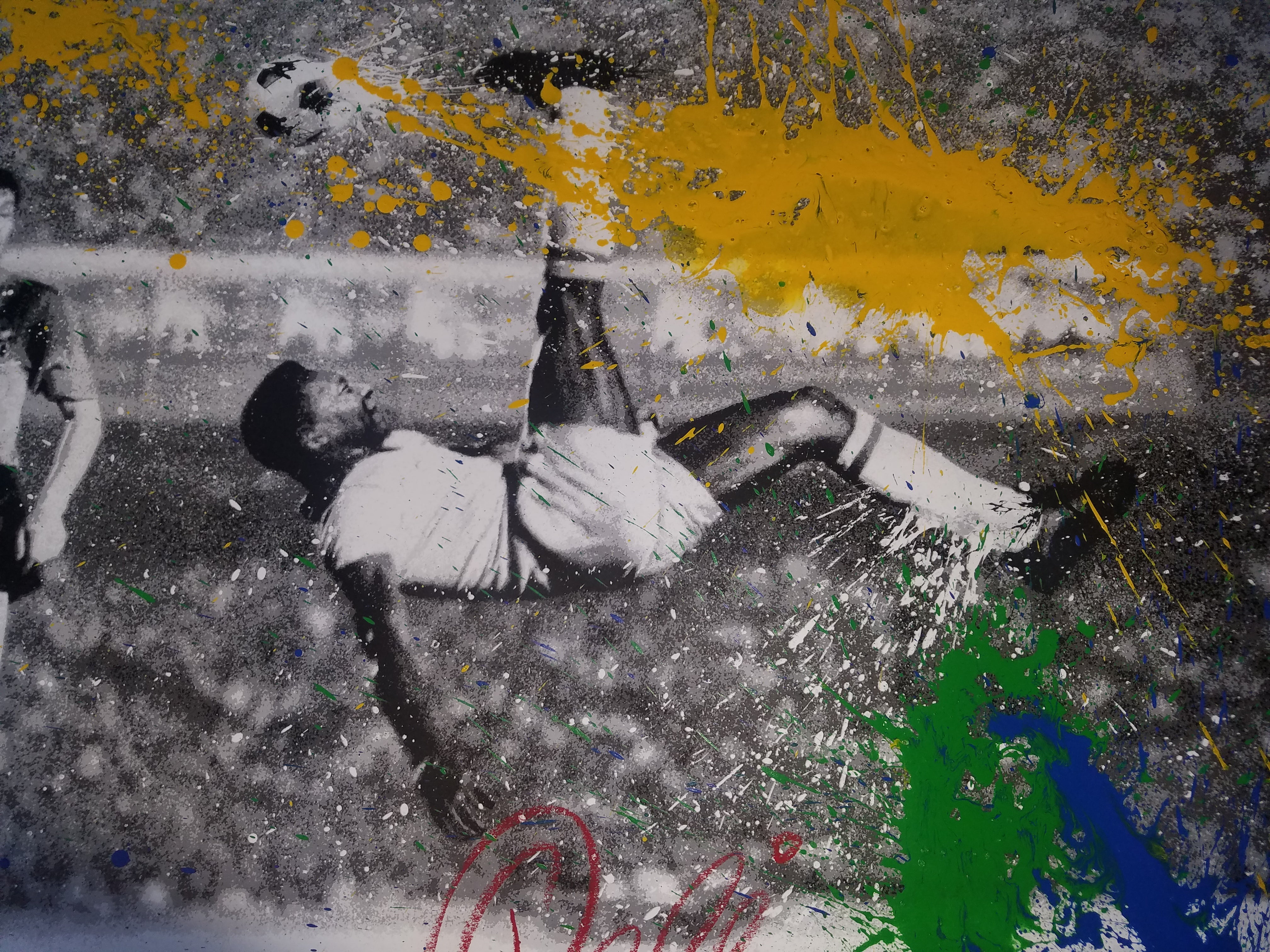 Title: The King Pele  Artist:  Mr. Brainwash  Edition: Edition of 75, hand finished by the artist. Print is also signed by Pele and the artist, numbered with thumb prints on the back  Type: Five color screen print on hand torn archival art paper.  Size: 48" x 36"  Notes: Certificate of authenticity will also be included.  Check out our other listings for more hard-to-find and out-of-print posters.   Ready to ship.