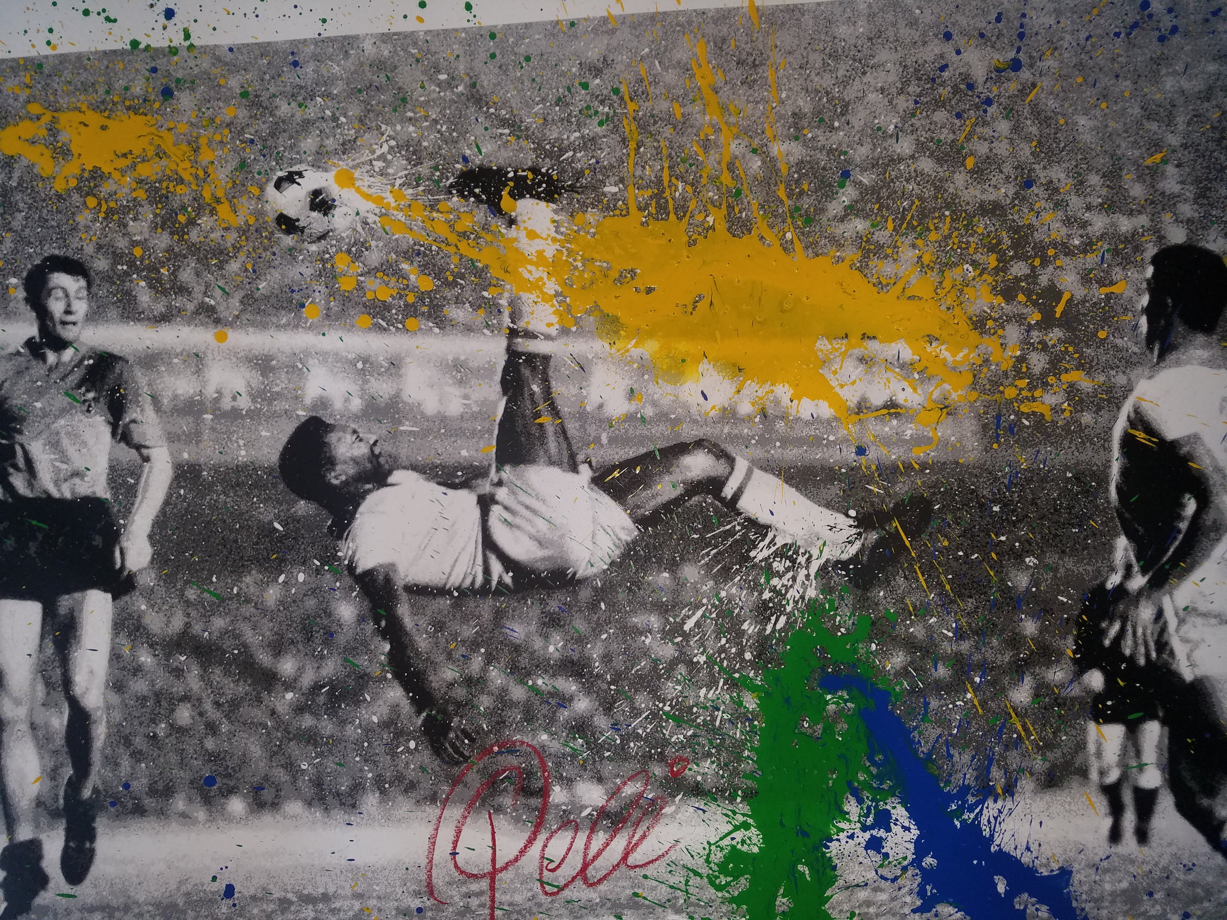 Title: The King Pele  Artist:  Mr. Brainwash  Edition: Edition of 75, hand finished by the artist. Print is also signed by Pele and the artist, numbered with thumb prints on the back  Type: Five color screen print on hand torn archival art paper.  Size: 48" x 36"  Notes: Certificate of authenticity will also be included.  Check out our other listings for more hard-to-find and out-of-print posters.   Ready to ship.